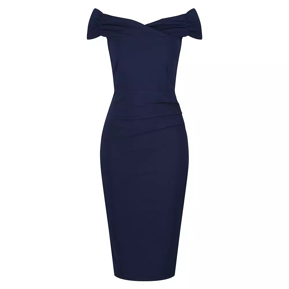 Navy Blue Cap Sleeve Crossover Top Bardot Wiggle Dress