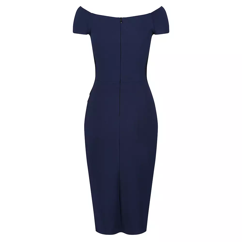 Navy Blue Cap Sleeve Crossover Top Bardot Wiggle Dress