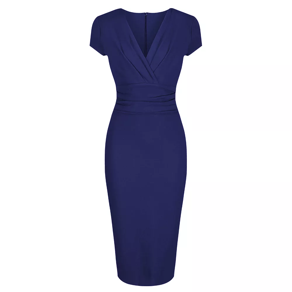 Navy Blue Deep V Cap Sleeve Bodycon Ruched Waist Wiggle Dress