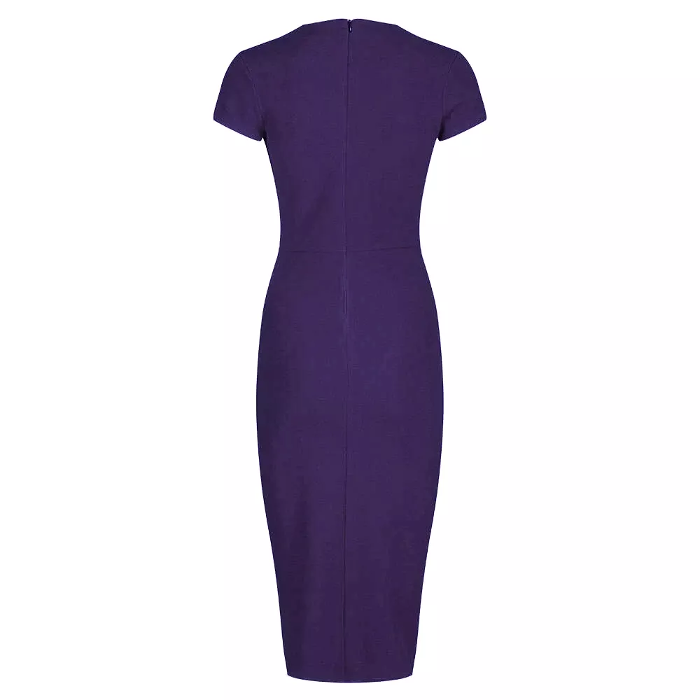 Navy Blue Deep V Cap Sleeve Bodycon Ruched Waist Wiggle Dress