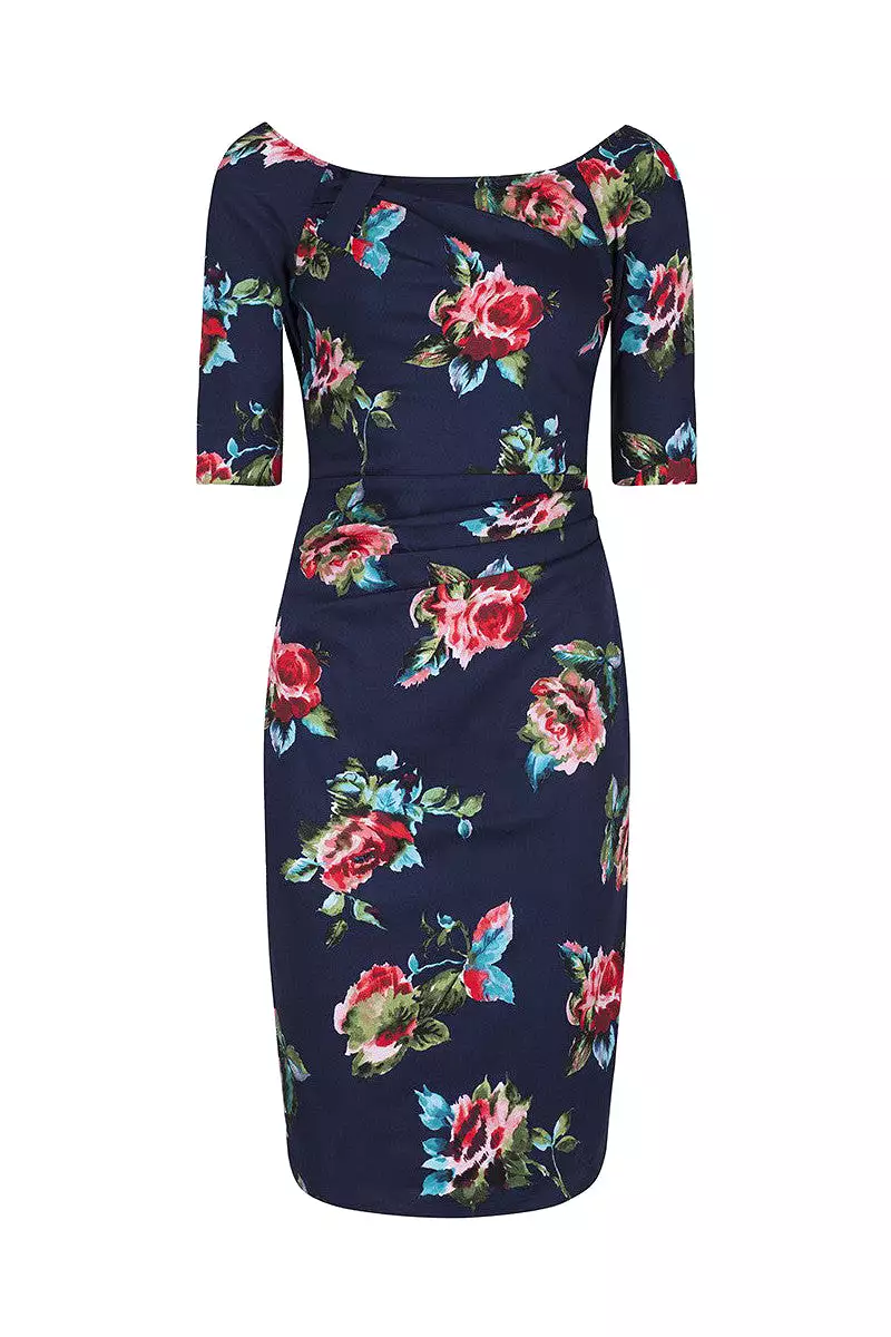 Navy Blue Floral 1/2 Sleeve Floral Wiggle Pencil Dress