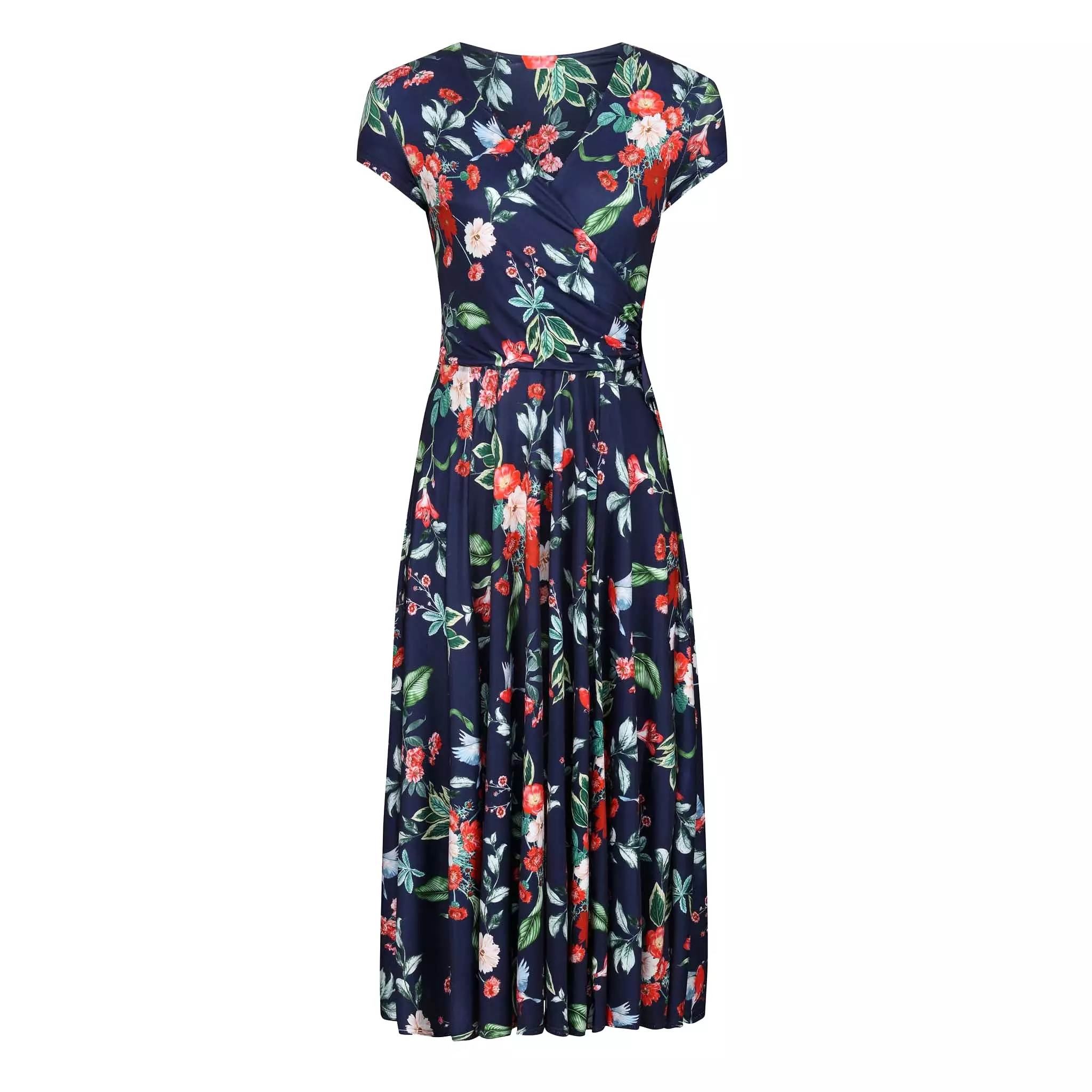 Navy Blue Floral Bird Print Cap Sleeve Crossover Top Swing Dress