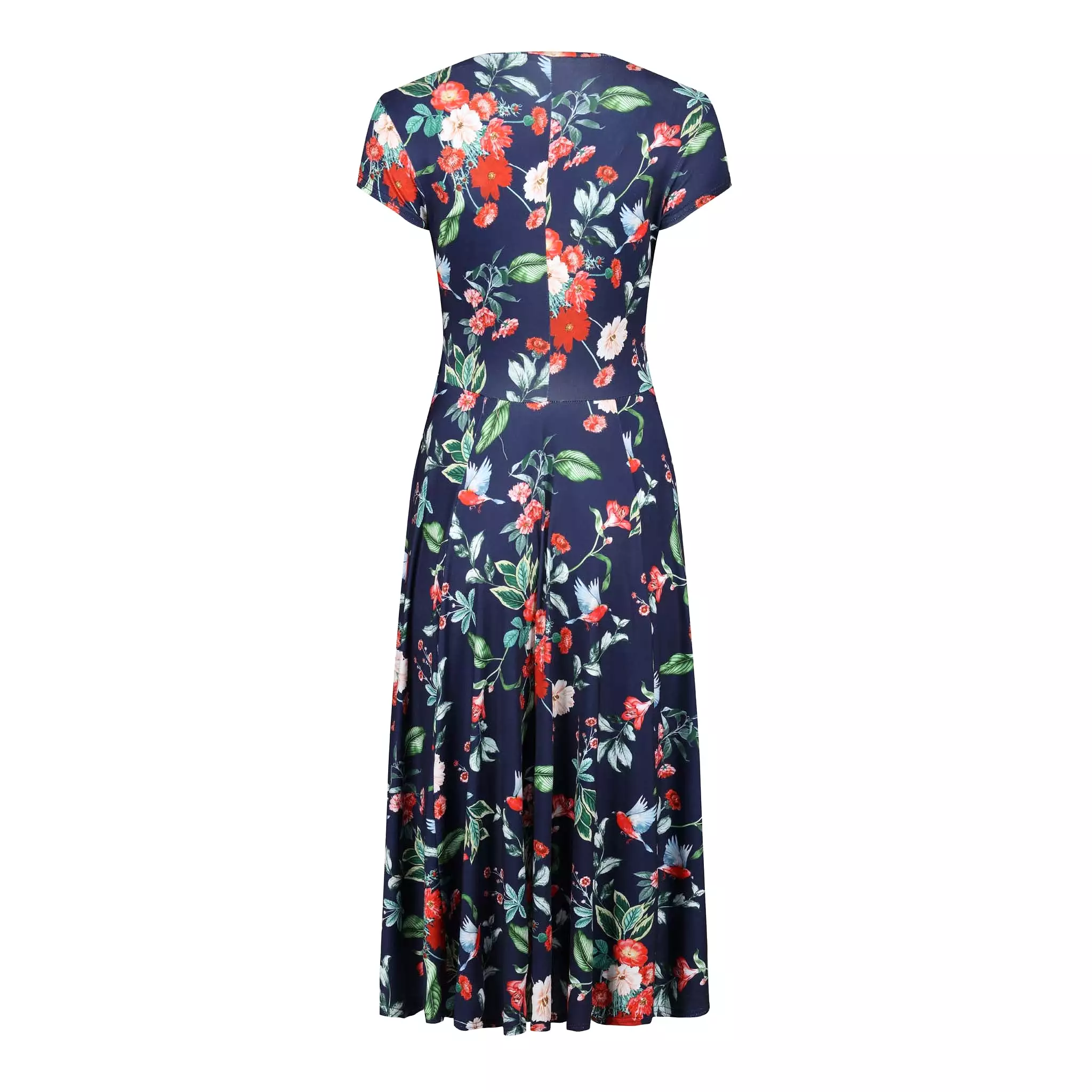 Navy Blue Floral Bird Print Cap Sleeve Crossover Top Swing Dress