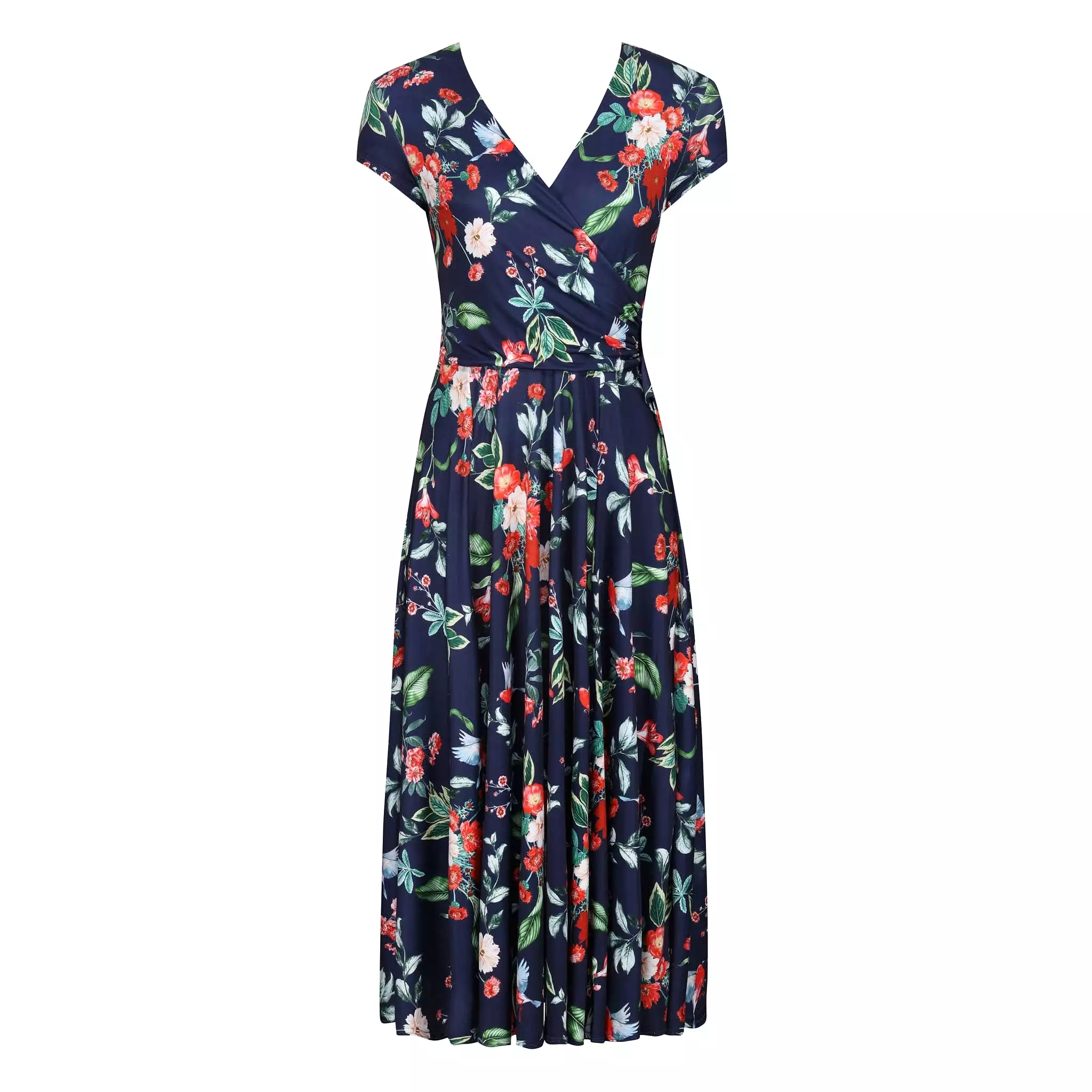 Navy Blue Floral Bird Print Cap Sleeve Crossover Top Swing Dress