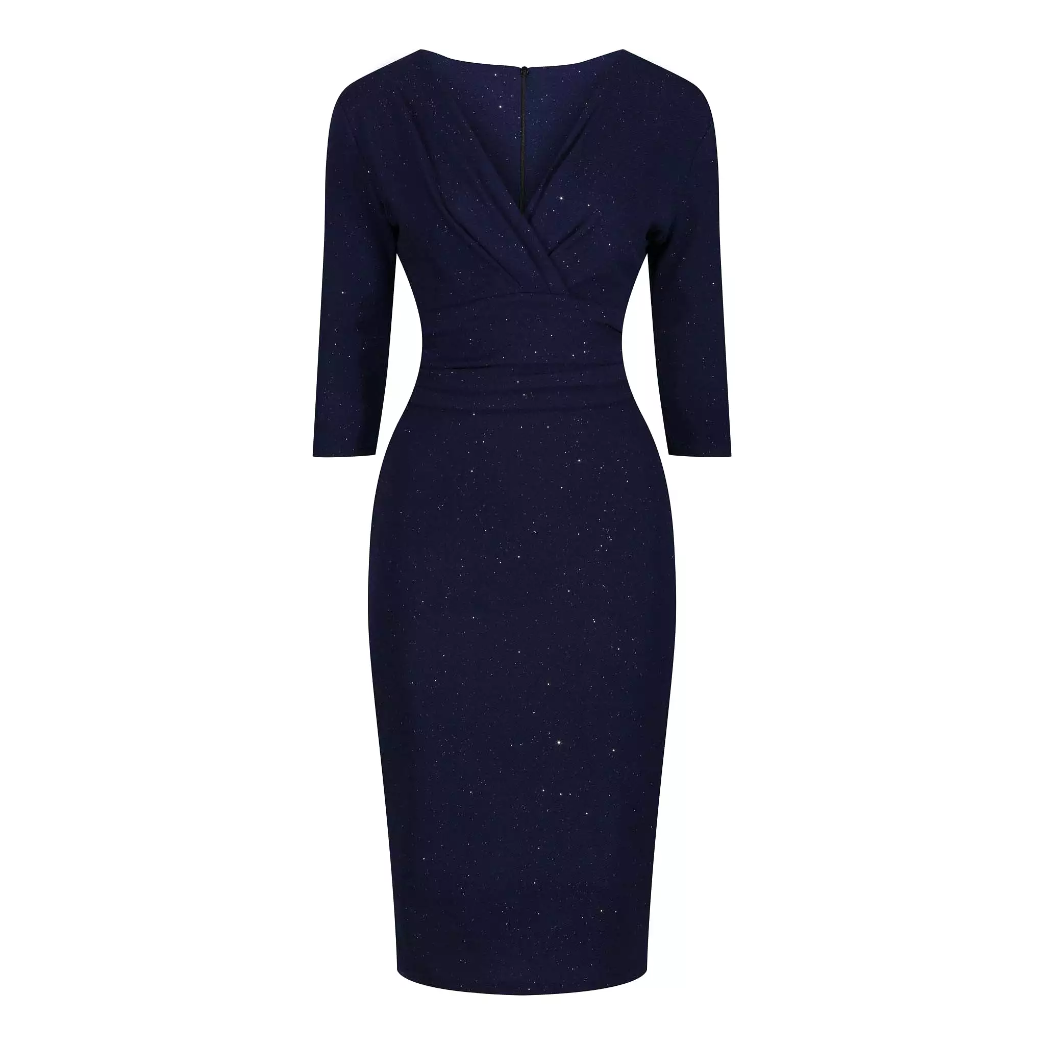 Navy Blue Silver Sparkle Deep V 3/4 Sleeve Bodycon Ruched Waist Wiggle Party Dress