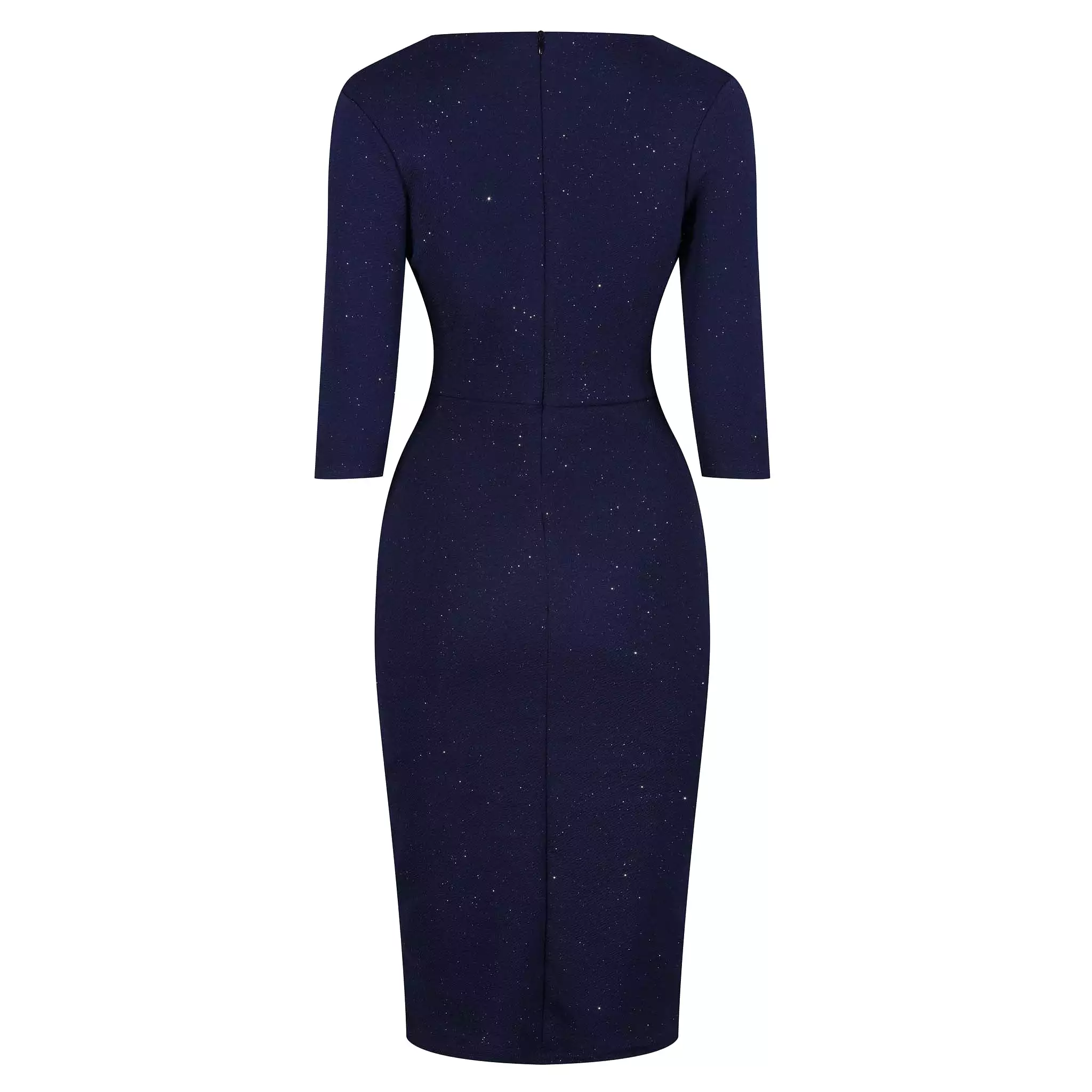 Navy Blue Silver Sparkle Deep V 3/4 Sleeve Bodycon Ruched Waist Wiggle Party Dress