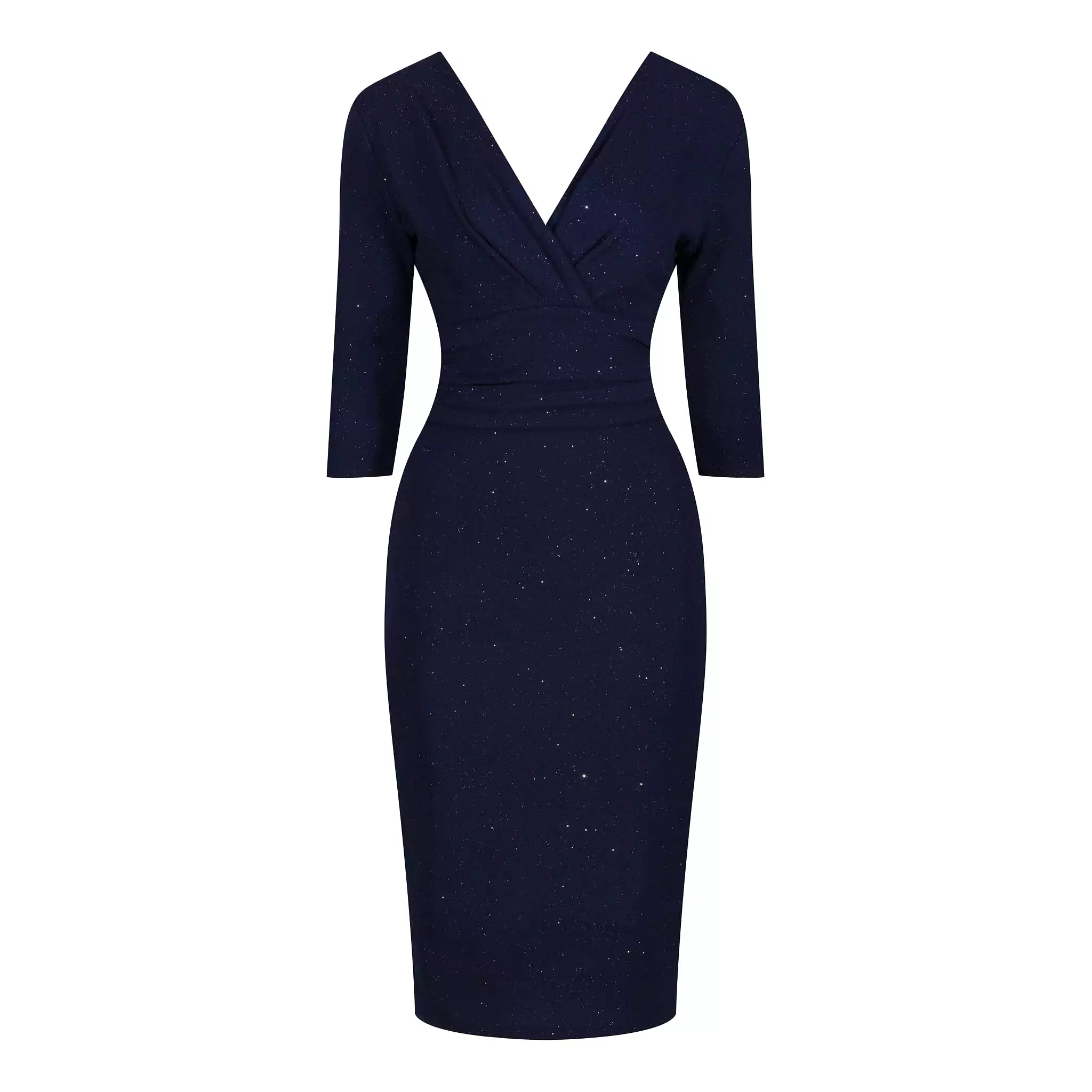 Navy Blue Silver Sparkle Deep V 3/4 Sleeve Bodycon Ruched Waist Wiggle Party Dress