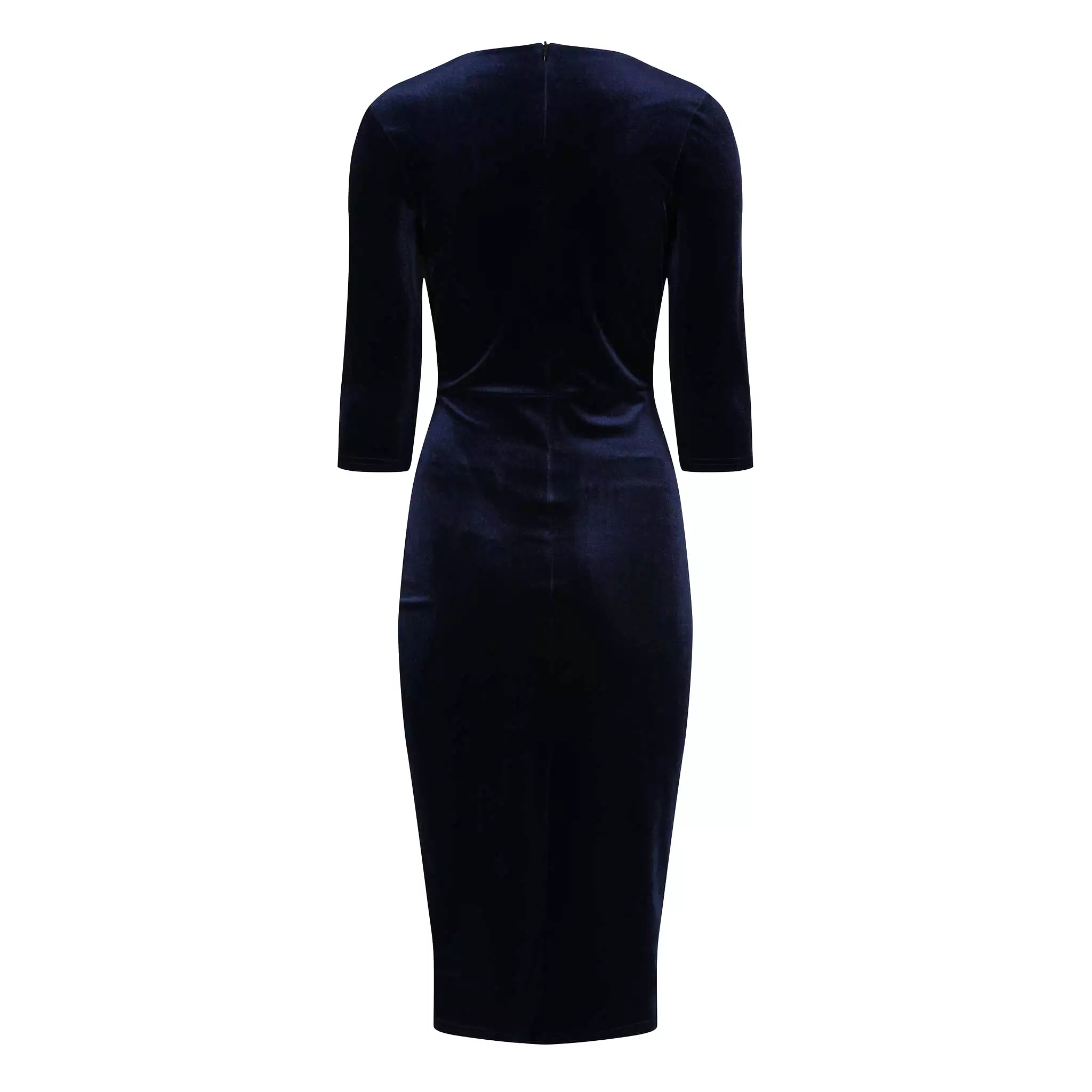 Navy Blue Velour Deep V 3/4 Sleeve Bodycon Ruched Waist Wiggle Dress