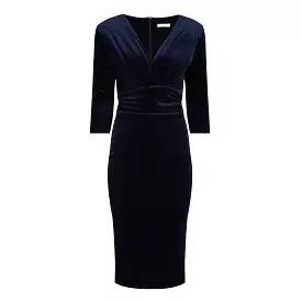 Navy Blue Velour Deep V 3/4 Sleeve Bodycon Ruched Waist Wiggle Dress