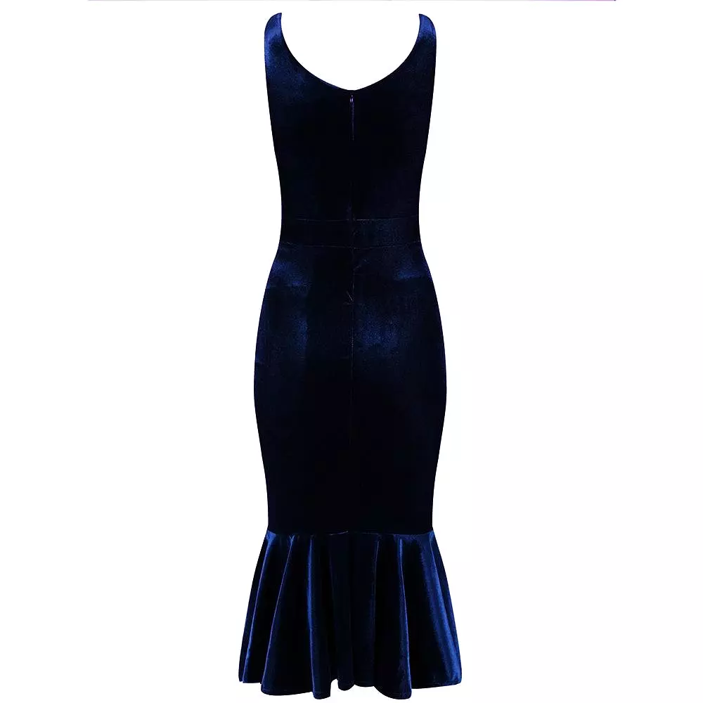 Navy Blue Velour Sleeveless Peplum Hem V Neck Wiggle Dress