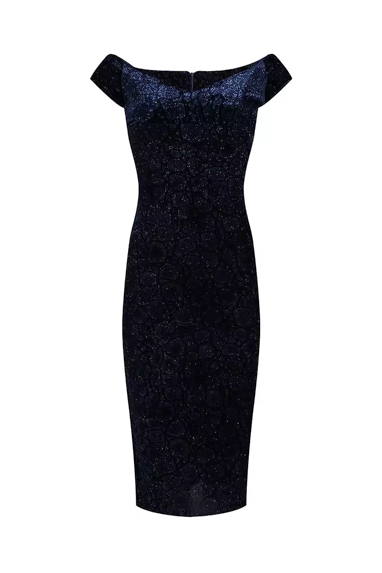 Navy Blue Vintage Animal Print Velvet Capped Sleeve Wiggle Dress