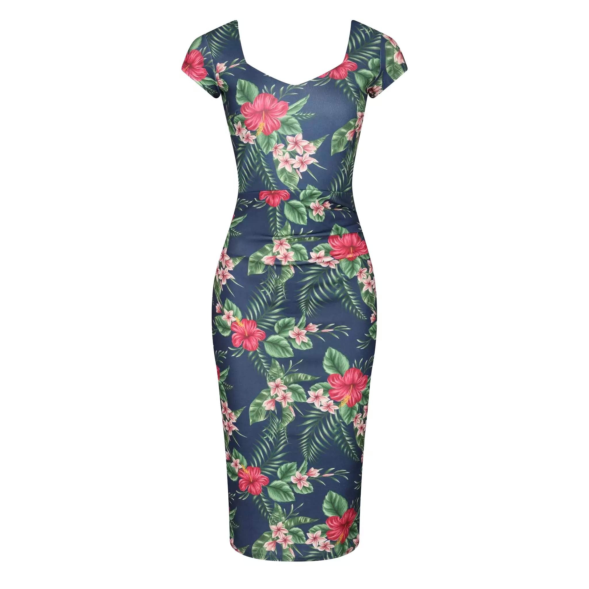 Navy Tropical Floral Print Cap Sleeve V Neck Bodycon Wiggle Dress