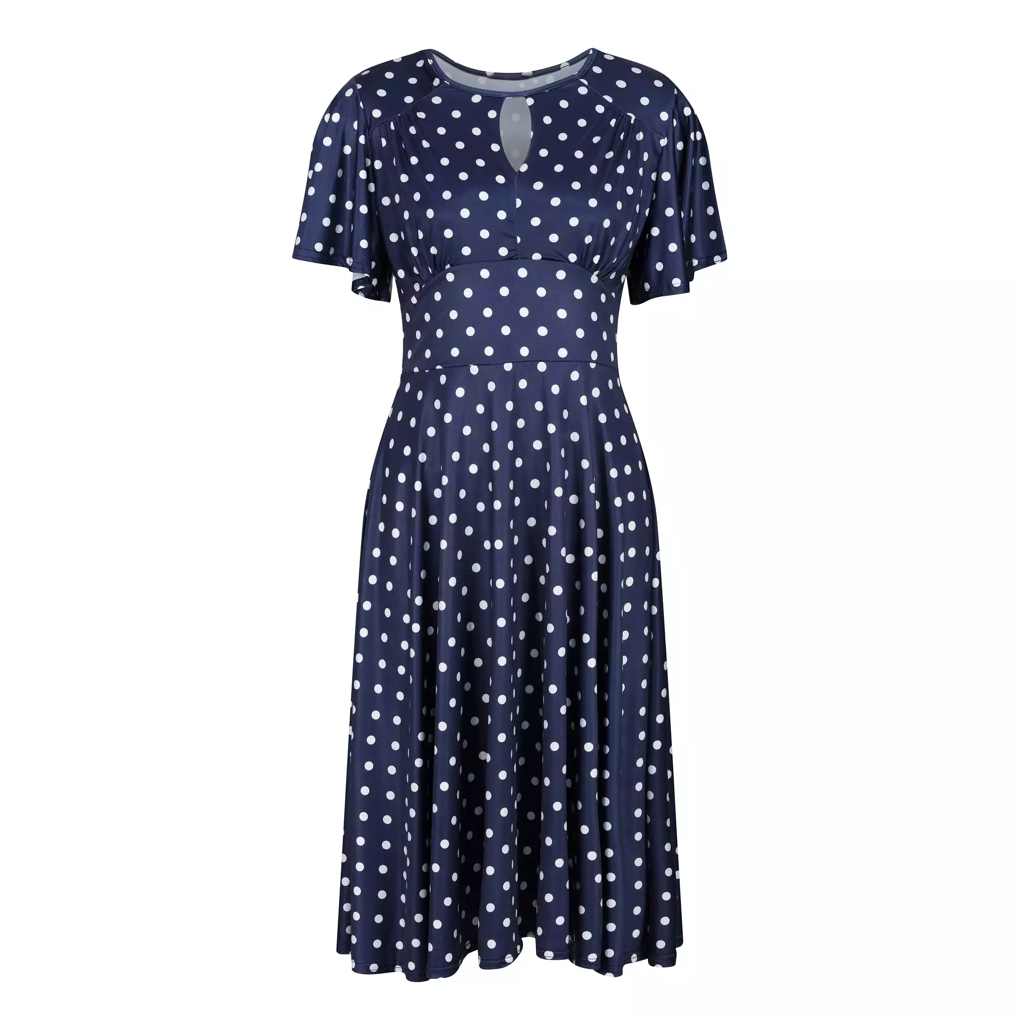 Navy White Polka Dot Waterfall Sleeve Swing Dress