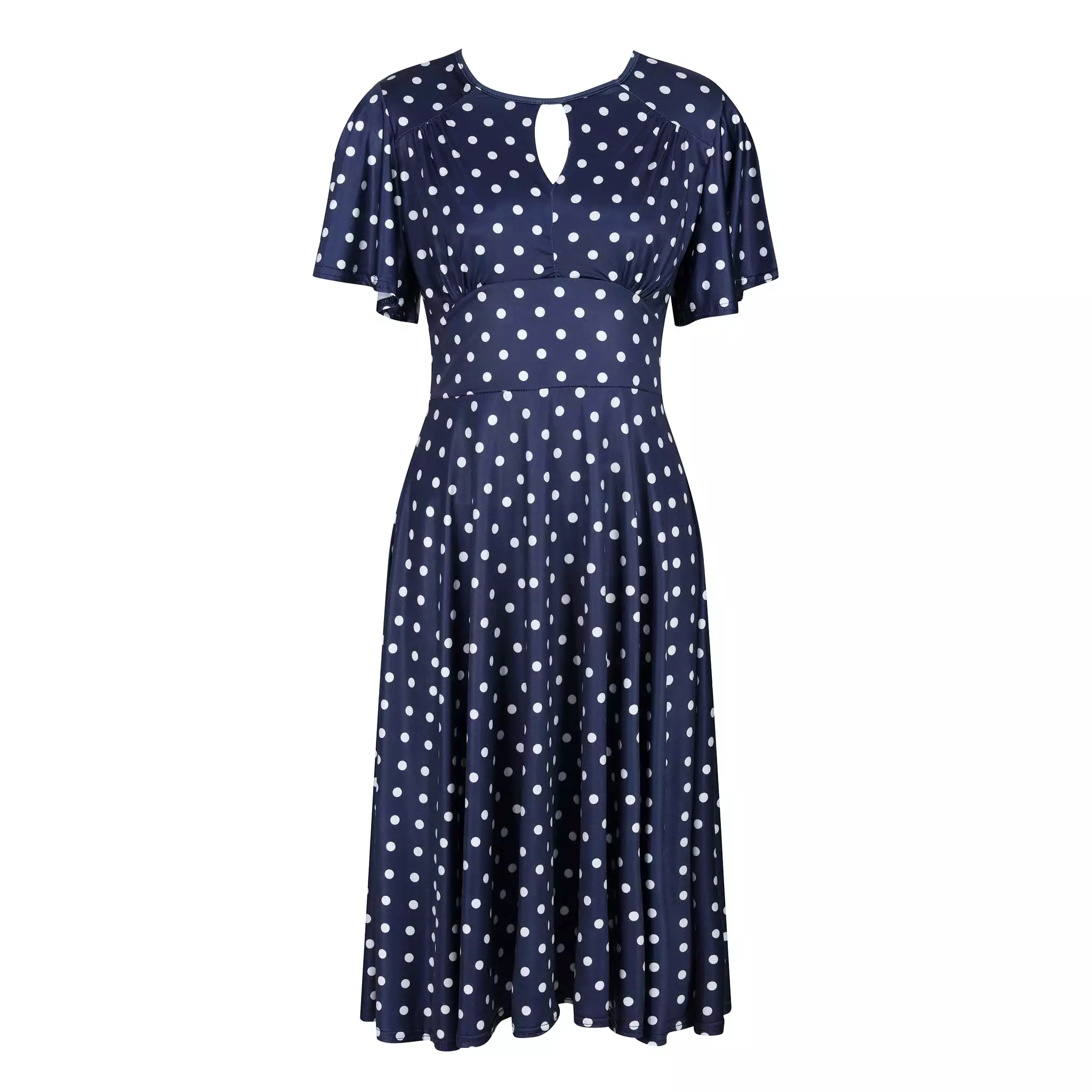 Navy White Polka Dot Waterfall Sleeve Swing Dress