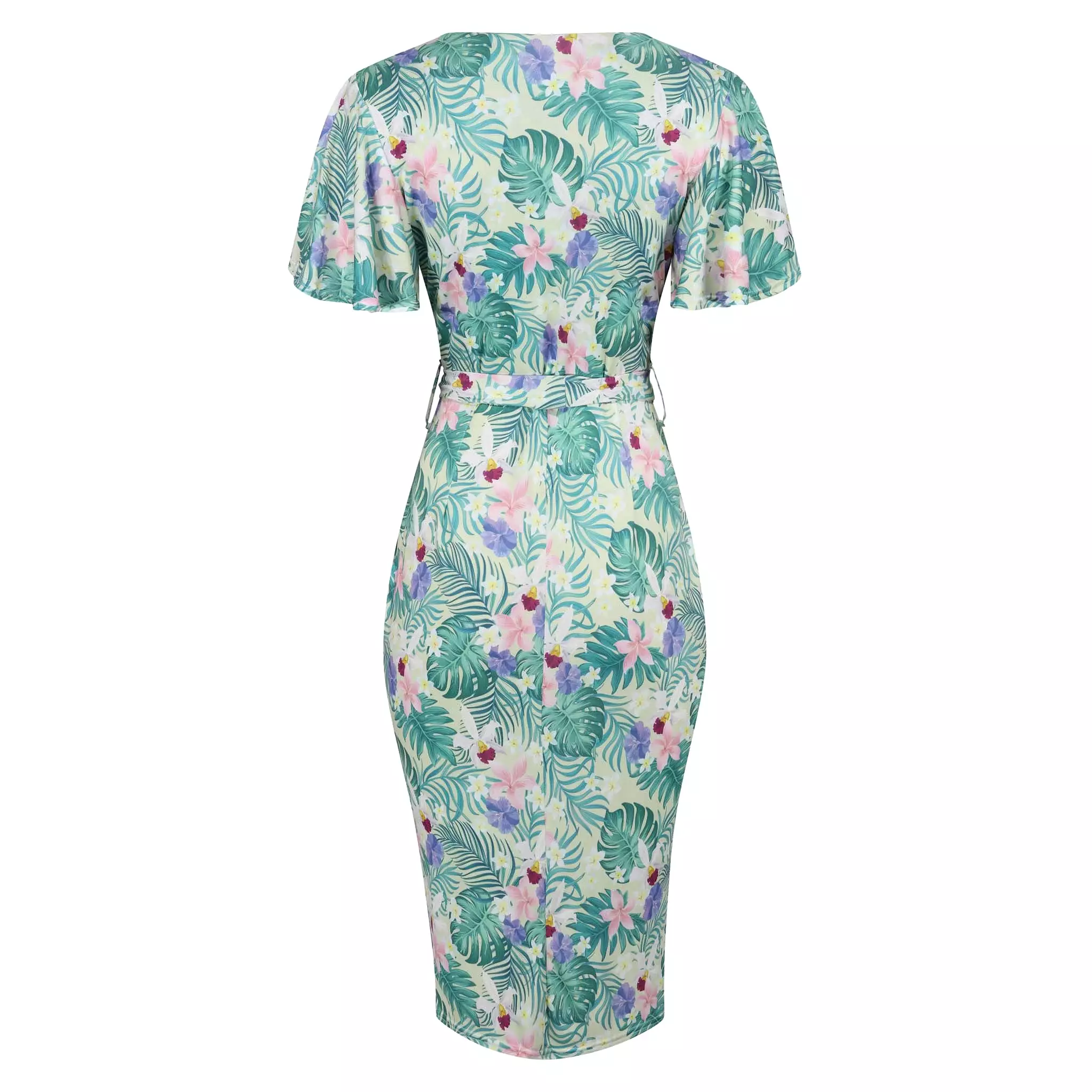 Pale Green Tropical Floral Print Waterfall Sleeve Crossover Pencil Dress