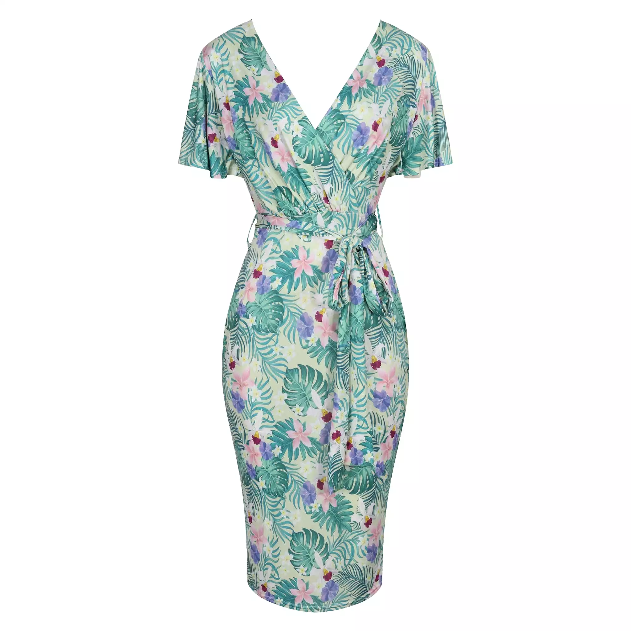 Pale Green Tropical Floral Print Waterfall Sleeve Crossover Pencil Dress