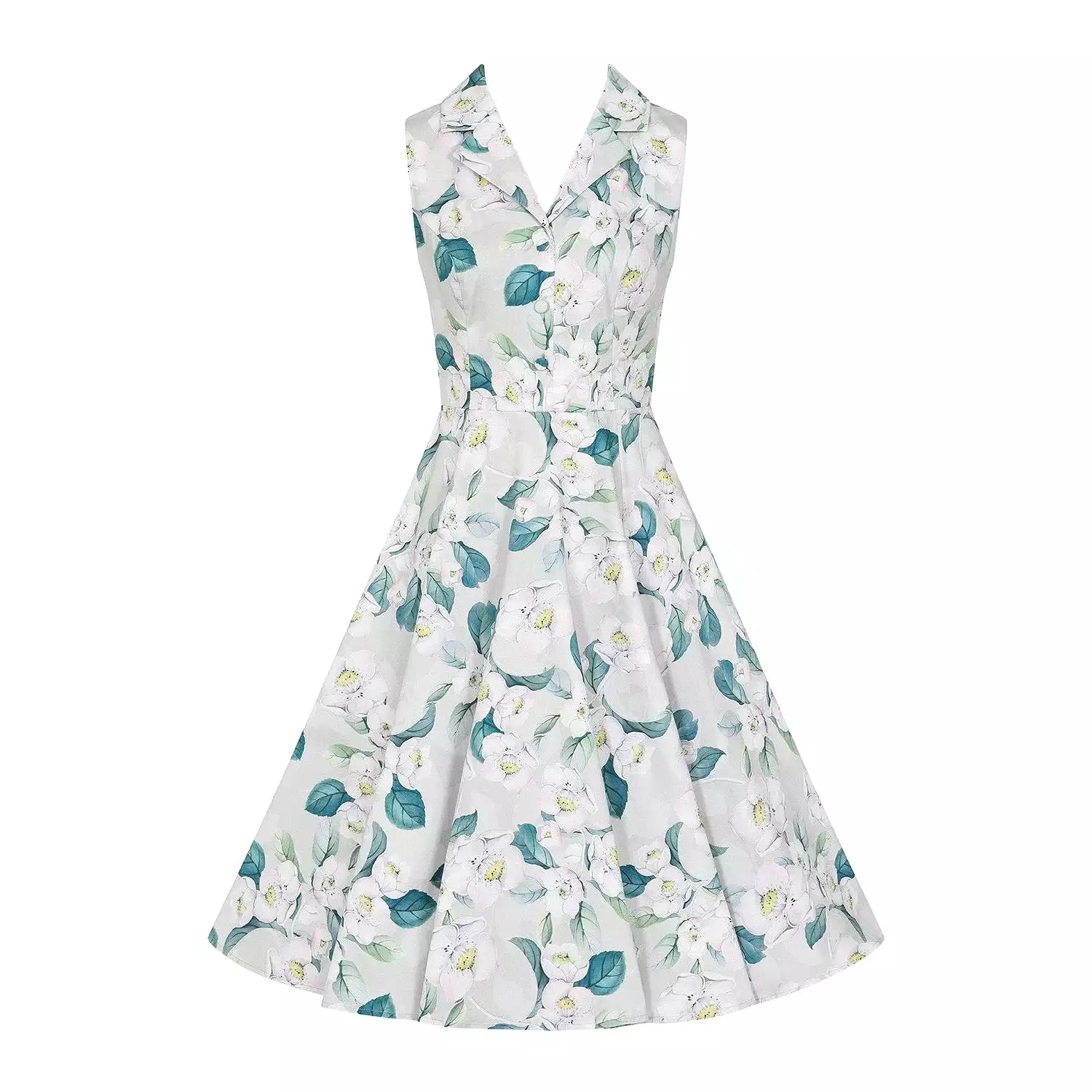 Pale Mint Green & White Floral Collared Sleeveless 50s Swing Tea Dress