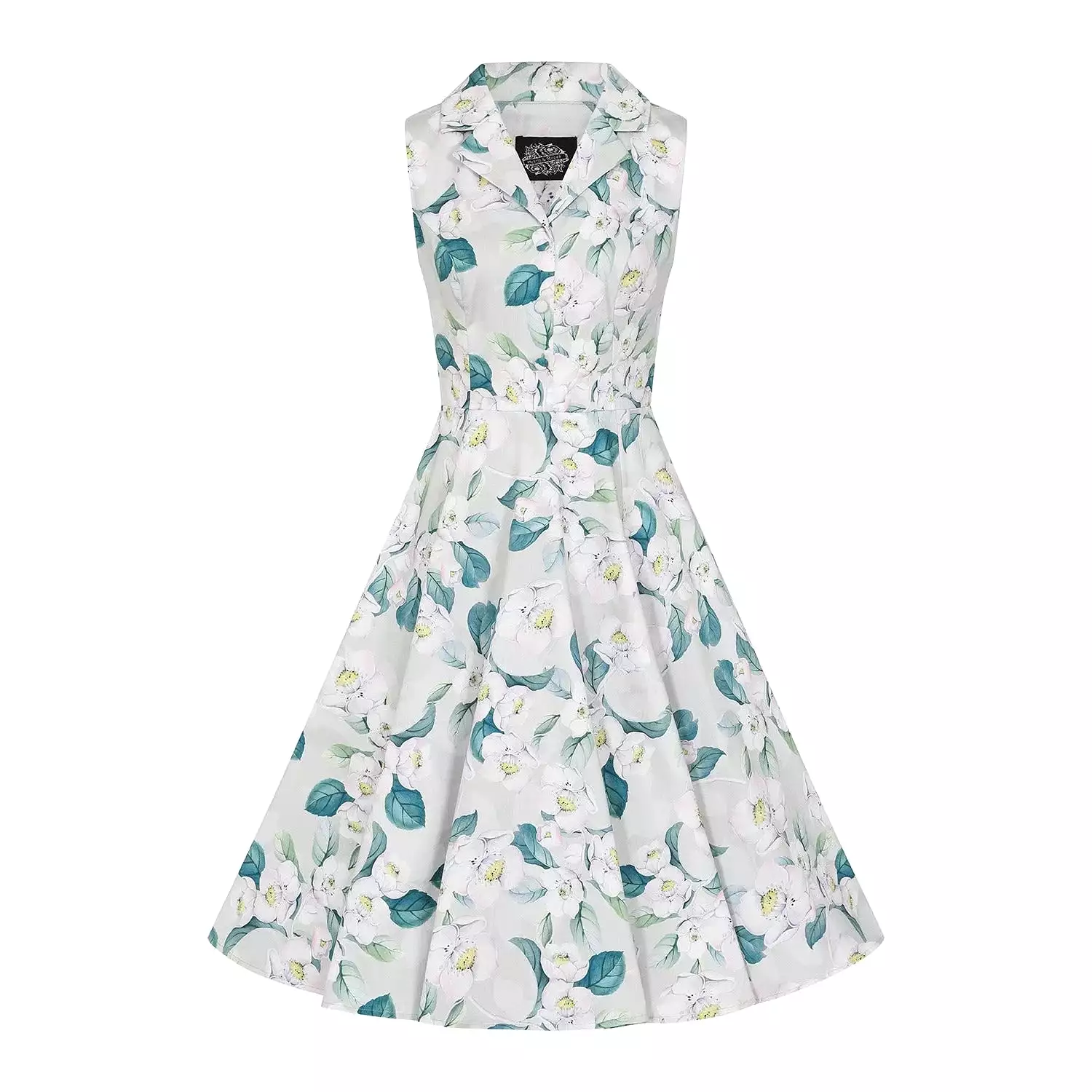 Pale Mint Green & White Floral Collared Sleeveless 50s Swing Tea Dress