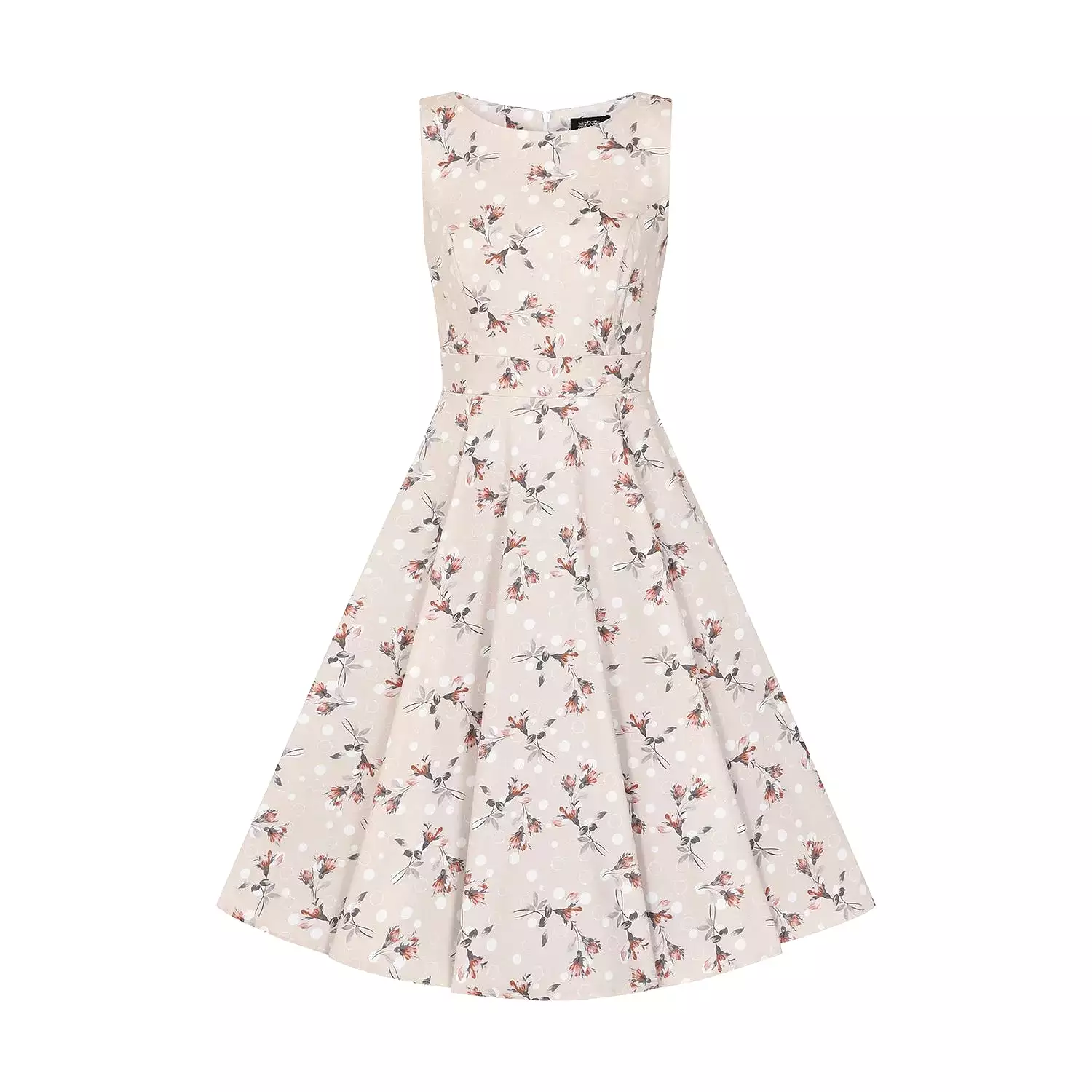 Pale Salmon Pink Polka Dot and Floral Sleeveless Swing Tea Dress