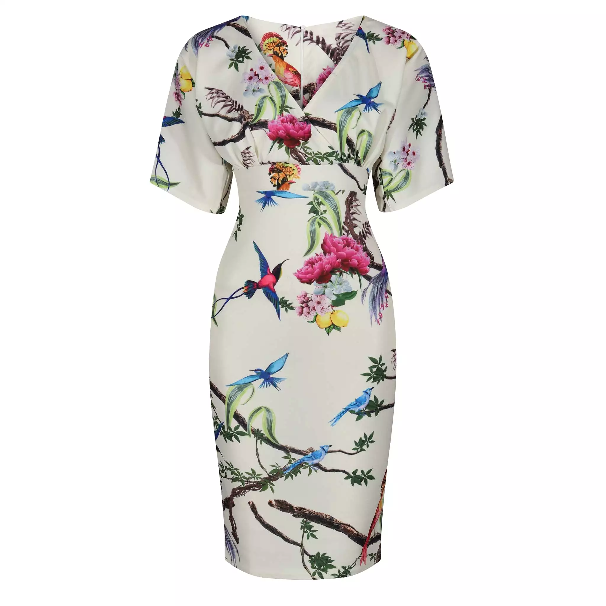 Pale Yellow Floral Bird Half Batwing Sleeve Crossover Top Pencil Dress