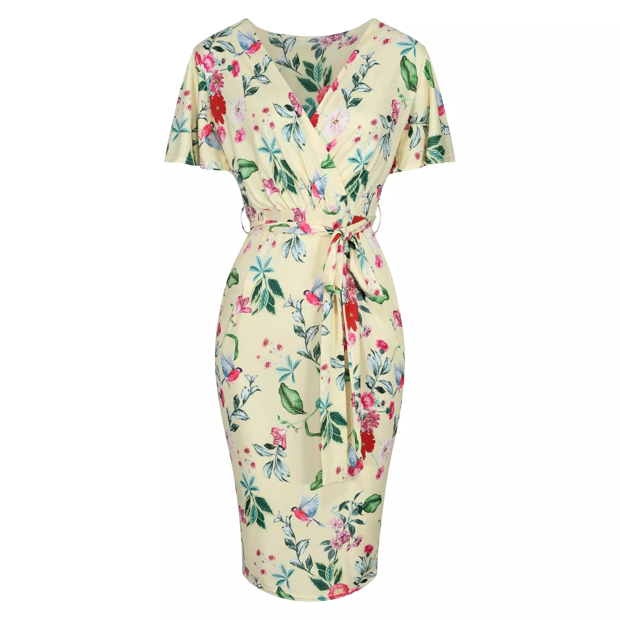 Pale Yellow Floral Print Waterfall Sleeve Crossover Pencil Dress