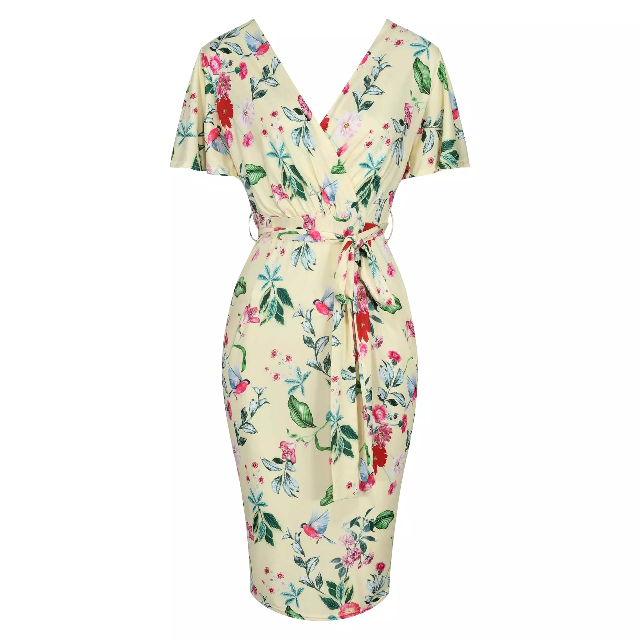 Pale Yellow Floral Print Waterfall Sleeve Crossover Pencil Dress