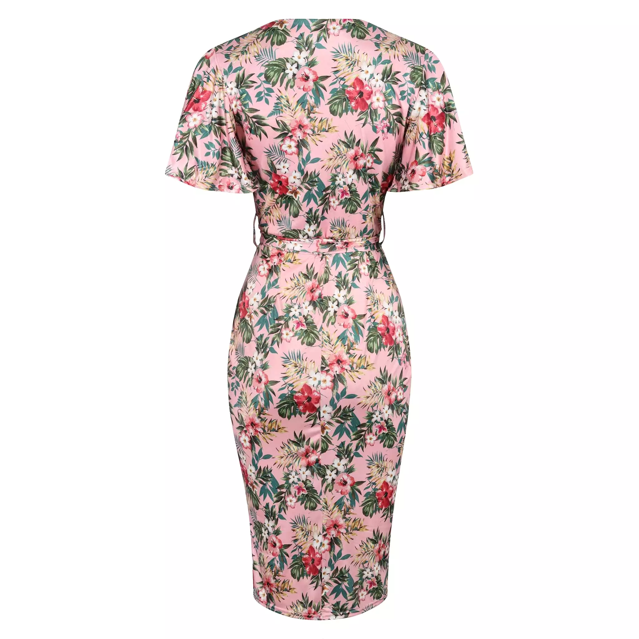 Pink Floral Print Waterfall Sleeve Crossover Pencil Dress