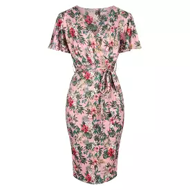 Pink Floral Print Waterfall Sleeve Crossover Pencil Dress