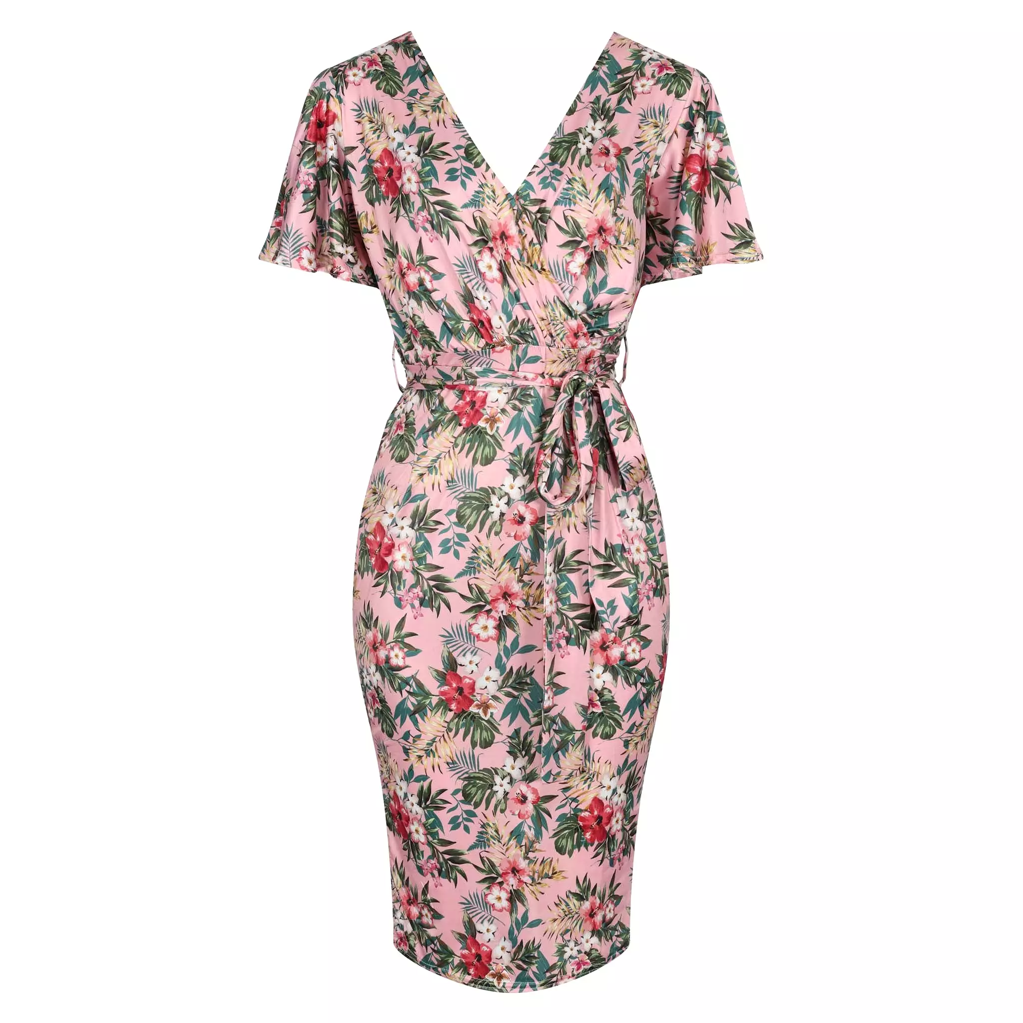 Pink Floral Print Waterfall Sleeve Crossover Pencil Dress