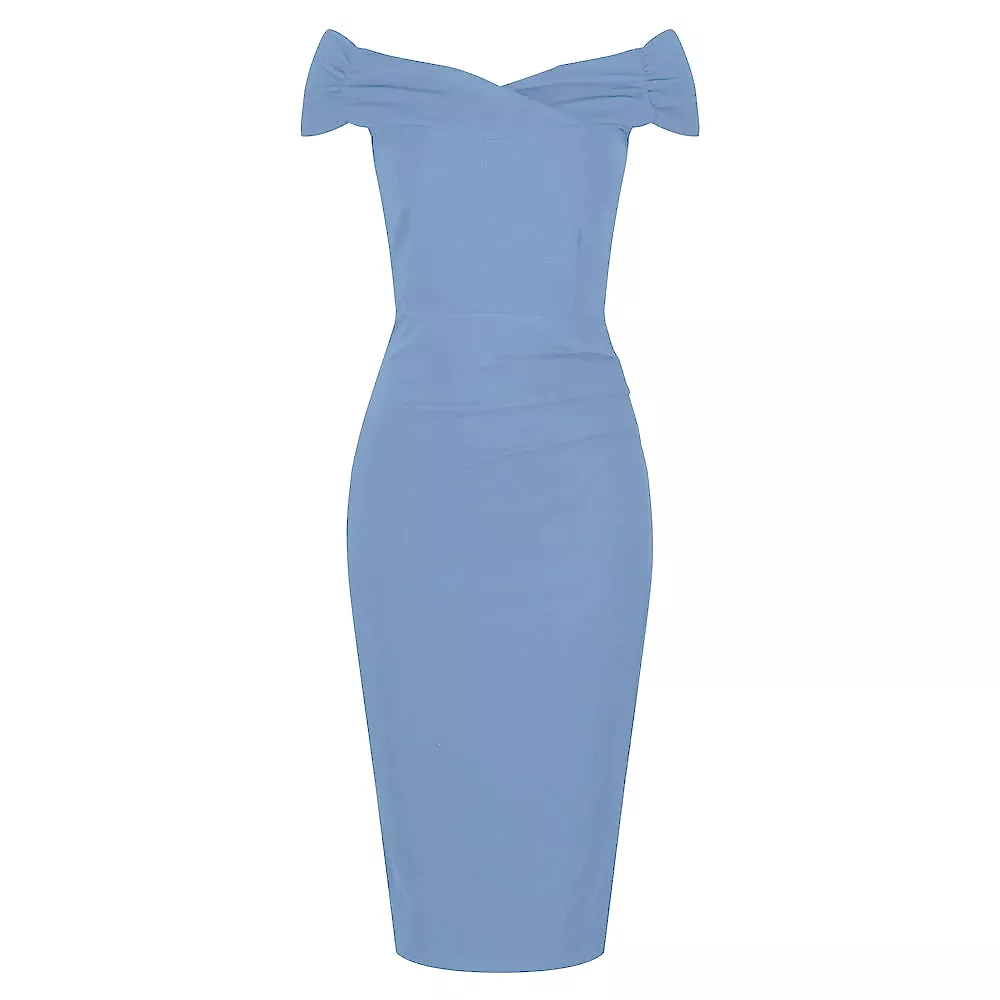 Pretty Blue Cap Sleeve Crossover Top Bardot Wiggle Pencil Dress