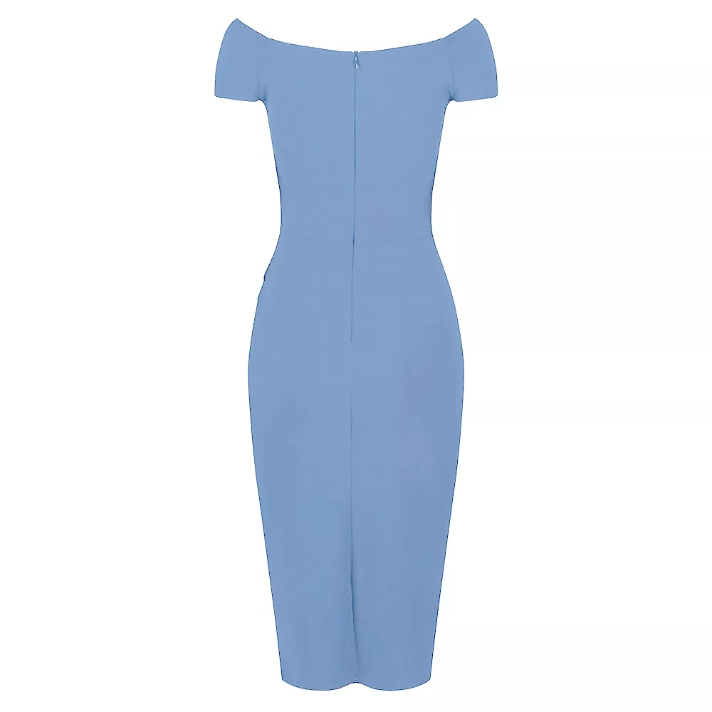 Pretty Blue Cap Sleeve Crossover Top Bardot Wiggle Pencil Dress