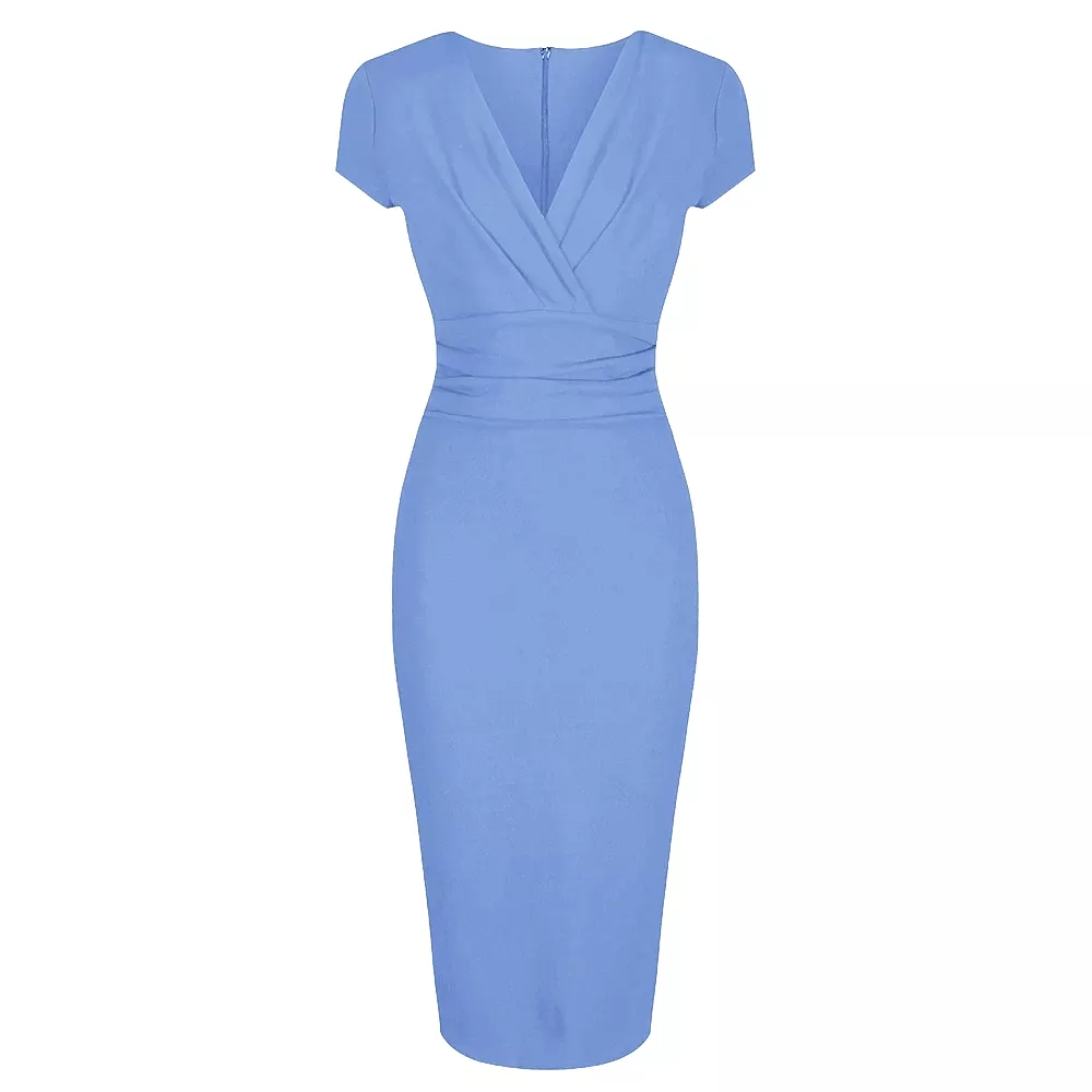 Pretty Blue Deep V Cap Sleeve Bodycon Ruched Waist Wiggle Dress