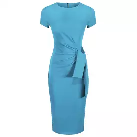 Pretty Blue Short Sleeve Ruched Tie Bodycon Pencil Dress