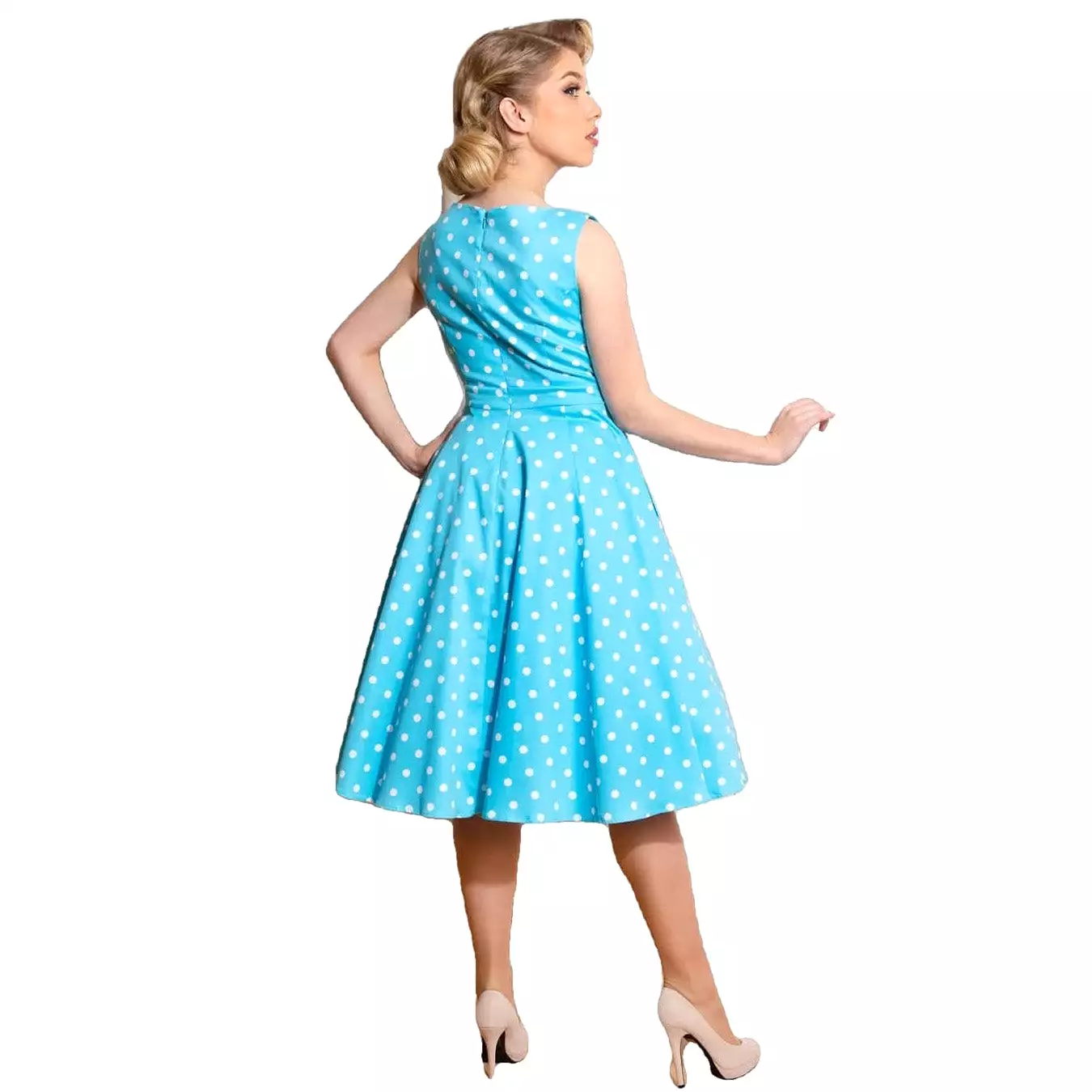 Pretty Blue Turquoise White Polka Dot Sleeveless Rockabilly 50s Swing Dress