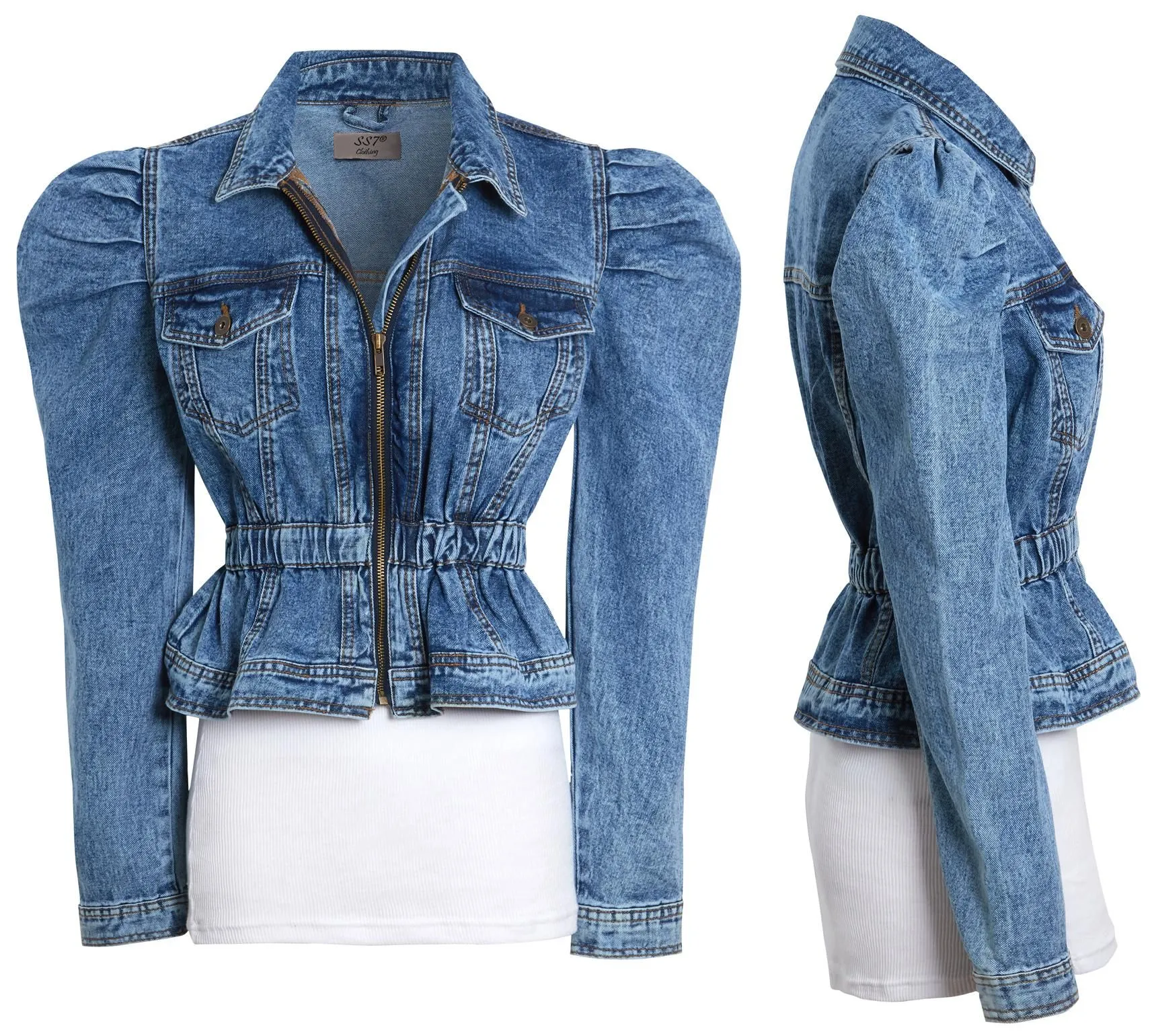 Puff Sleeve denim Jacket with Elasticated Waist, Uk sizes 8 to 16