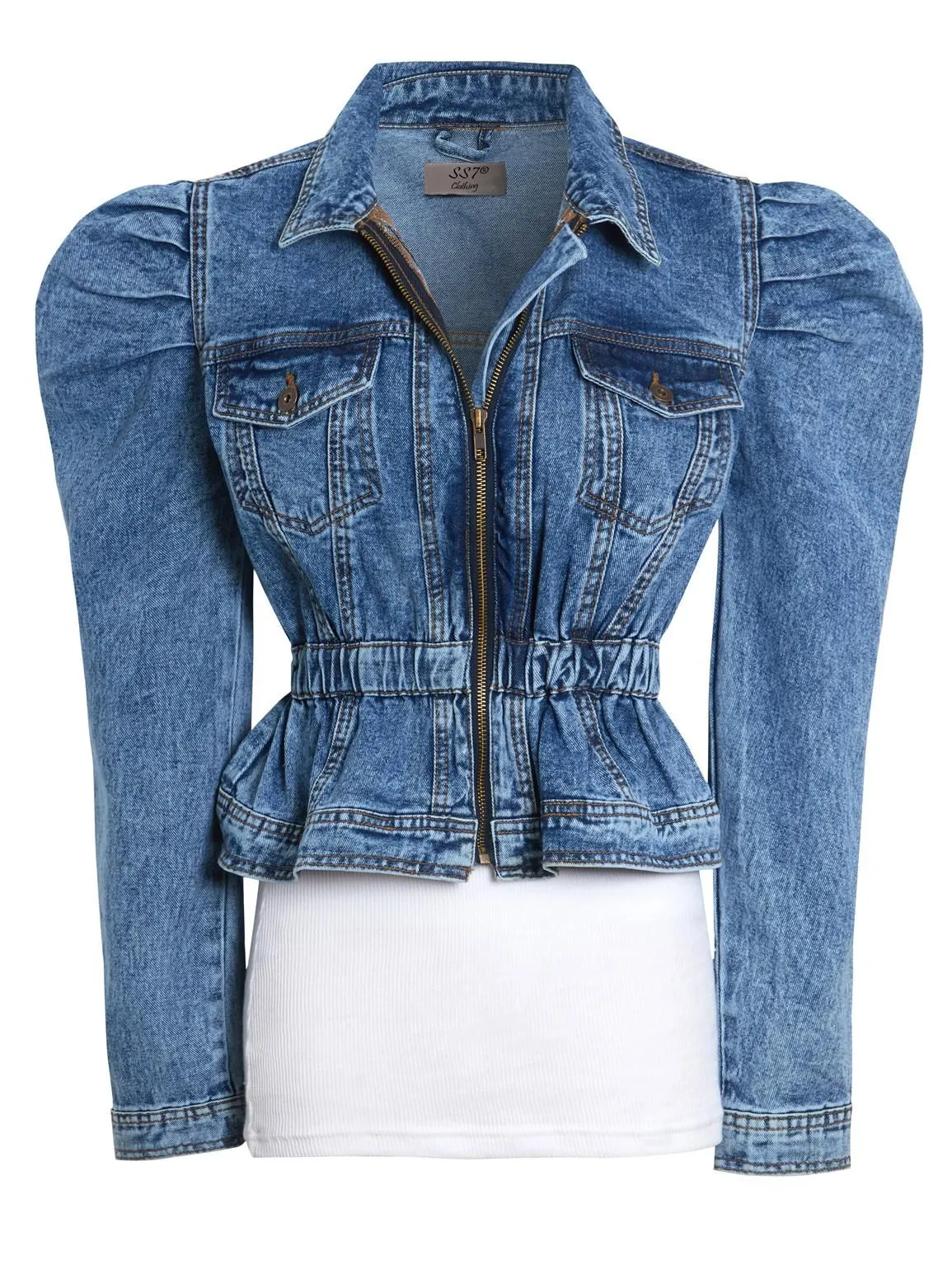 Puff Sleeve denim Jacket with Elasticated Waist, Uk sizes 8 to 16