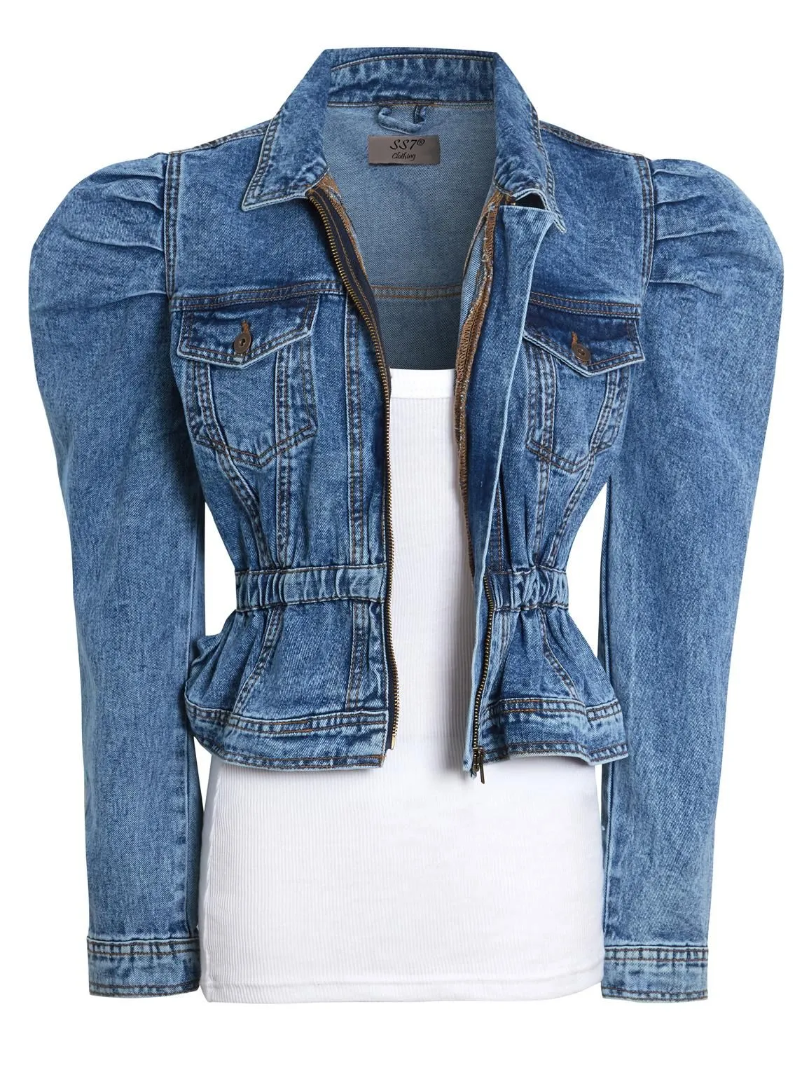 Puff Sleeve denim Jacket with Elasticated Waist, Uk sizes 8 to 16