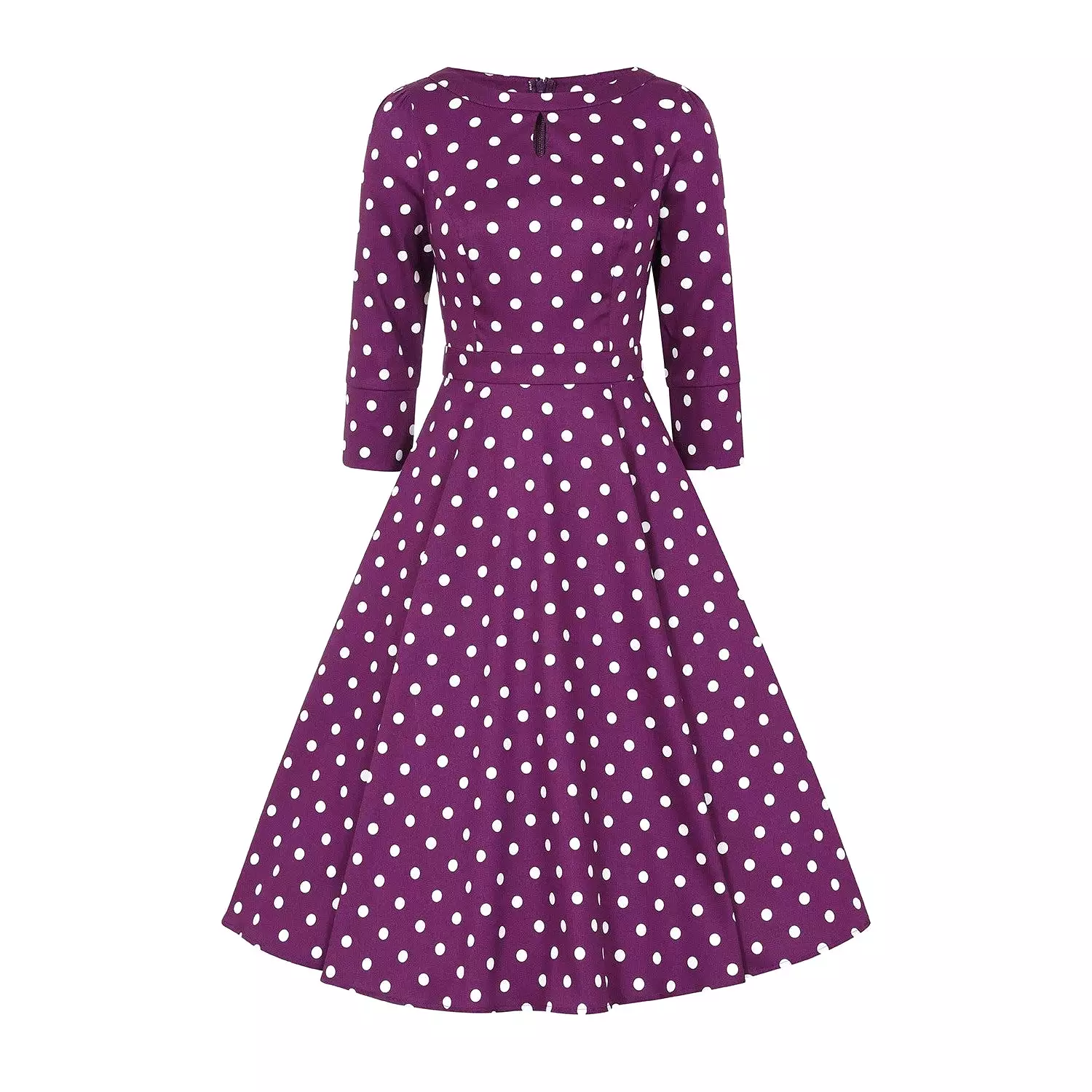 Purple And White Polka Dot 3/4 Sleeve 50s Swing Tea Dress