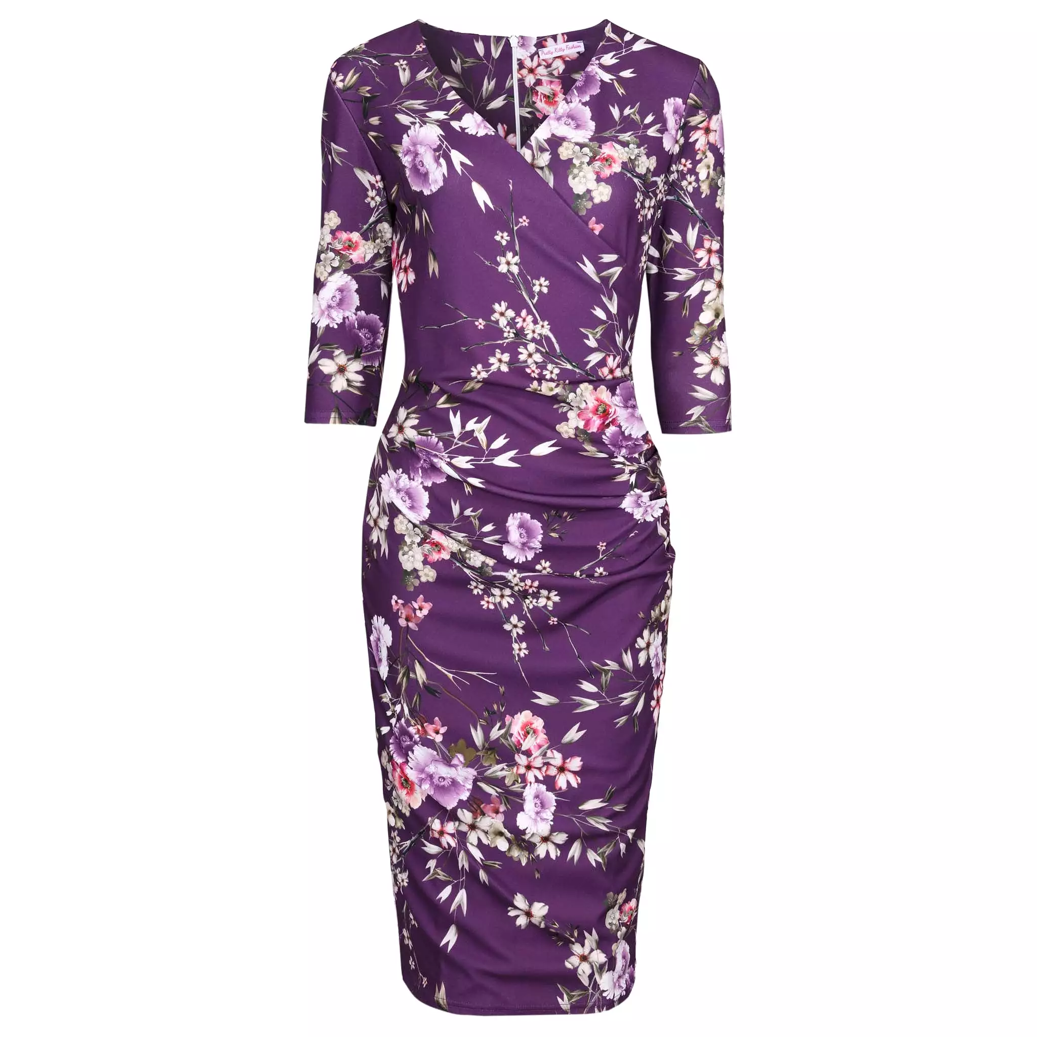 Purple Floral Print 40s 3/4 Sleeve Wiggle Wrap Dress