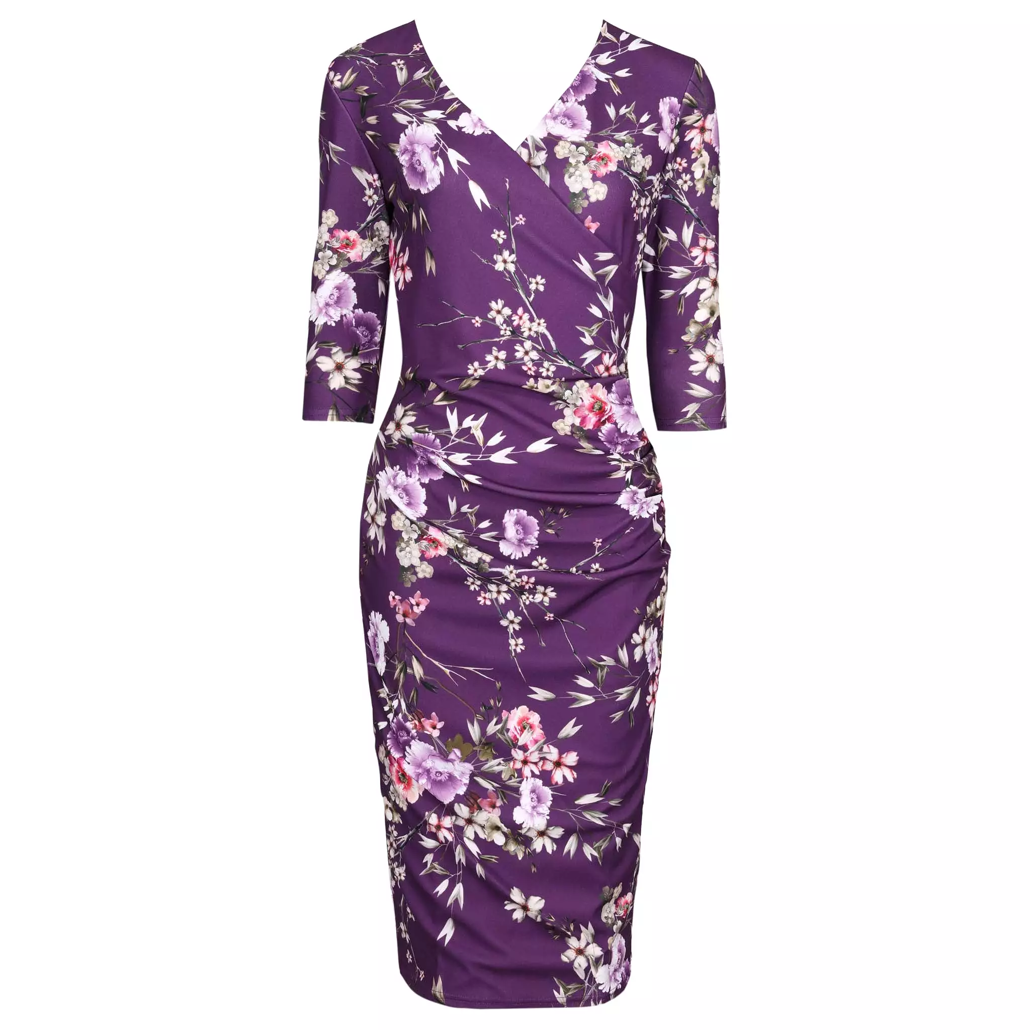 Purple Floral Print 40s 3/4 Sleeve Wiggle Wrap Dress