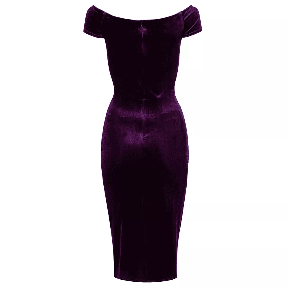 Purple Velour Cap Sleeve Crossover Top Bardot Wiggle Dress