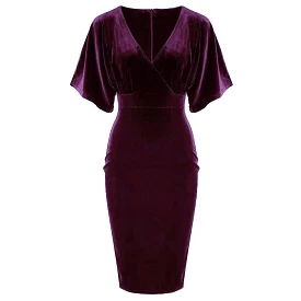 Purple Velour Half Batwing Sleeve Crossover Top Wiggle Dress