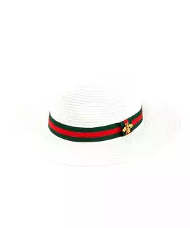 Red & Green Stripe Band Straw Hat with Bee- White