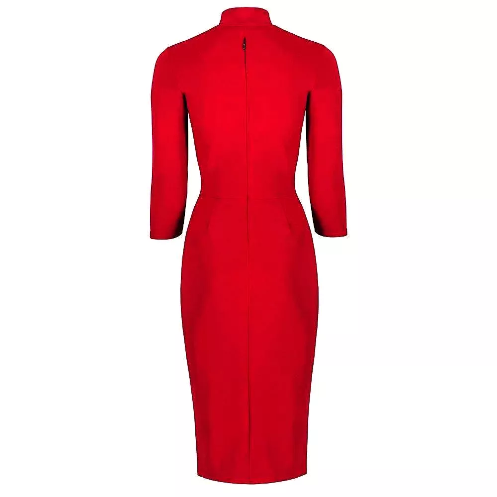 Red 3/4 Sleeve Tie Neck Bodycon Pencil Dress