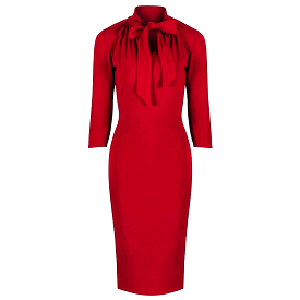 Red 3/4 Sleeve Tie Neck Bodycon Pencil Dress