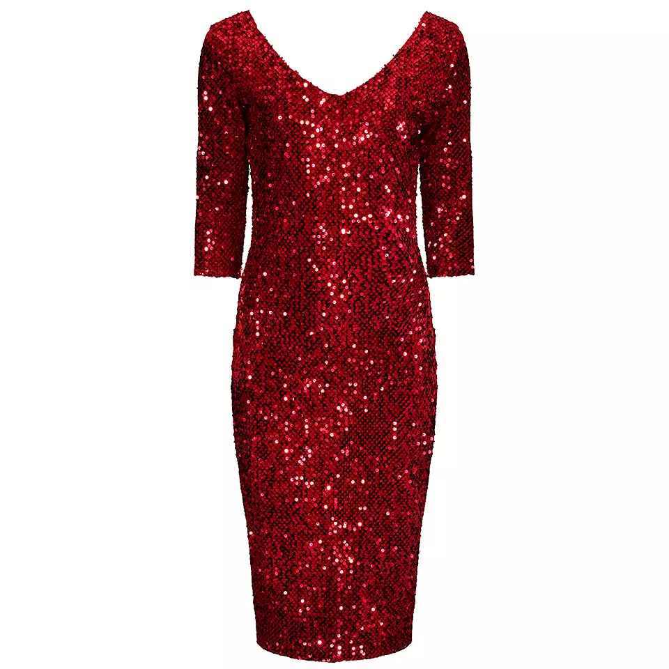 Red 3/4 Sleeve V Neck Velour Sequin Pencil Wiggle Party Dress