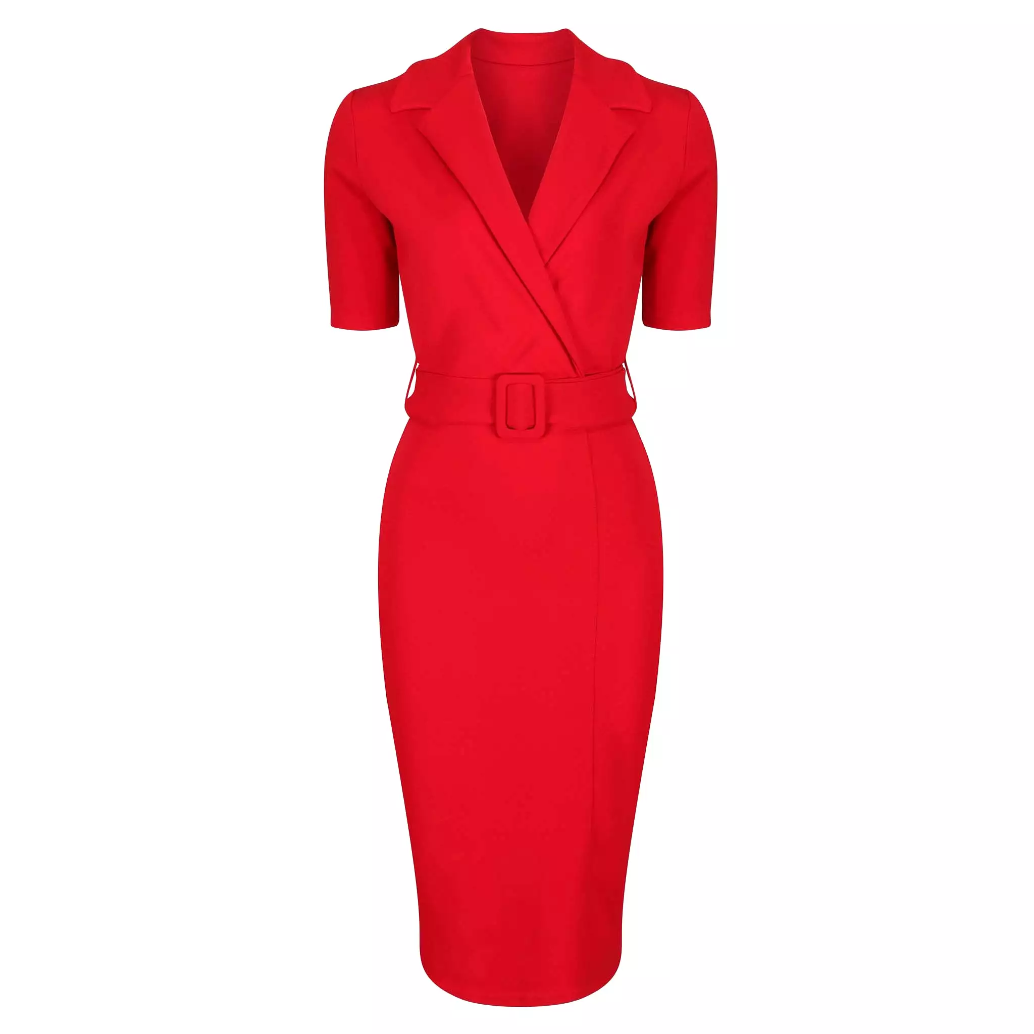 Red Belted Half Sleeve Collared Wiggle Office Dress