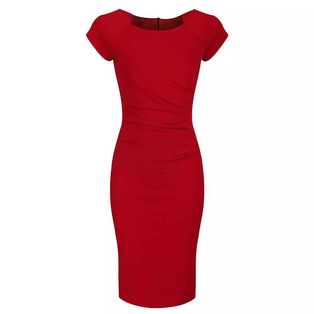 Red Capped Sleeve Ruched Bodycon Pencil Dress