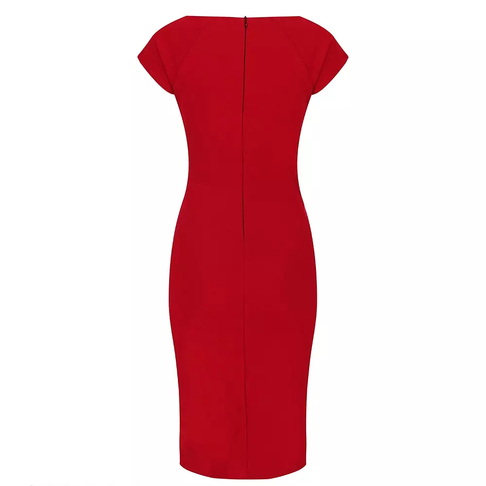 Red Capped Sleeve Ruched Bodycon Pencil Dress