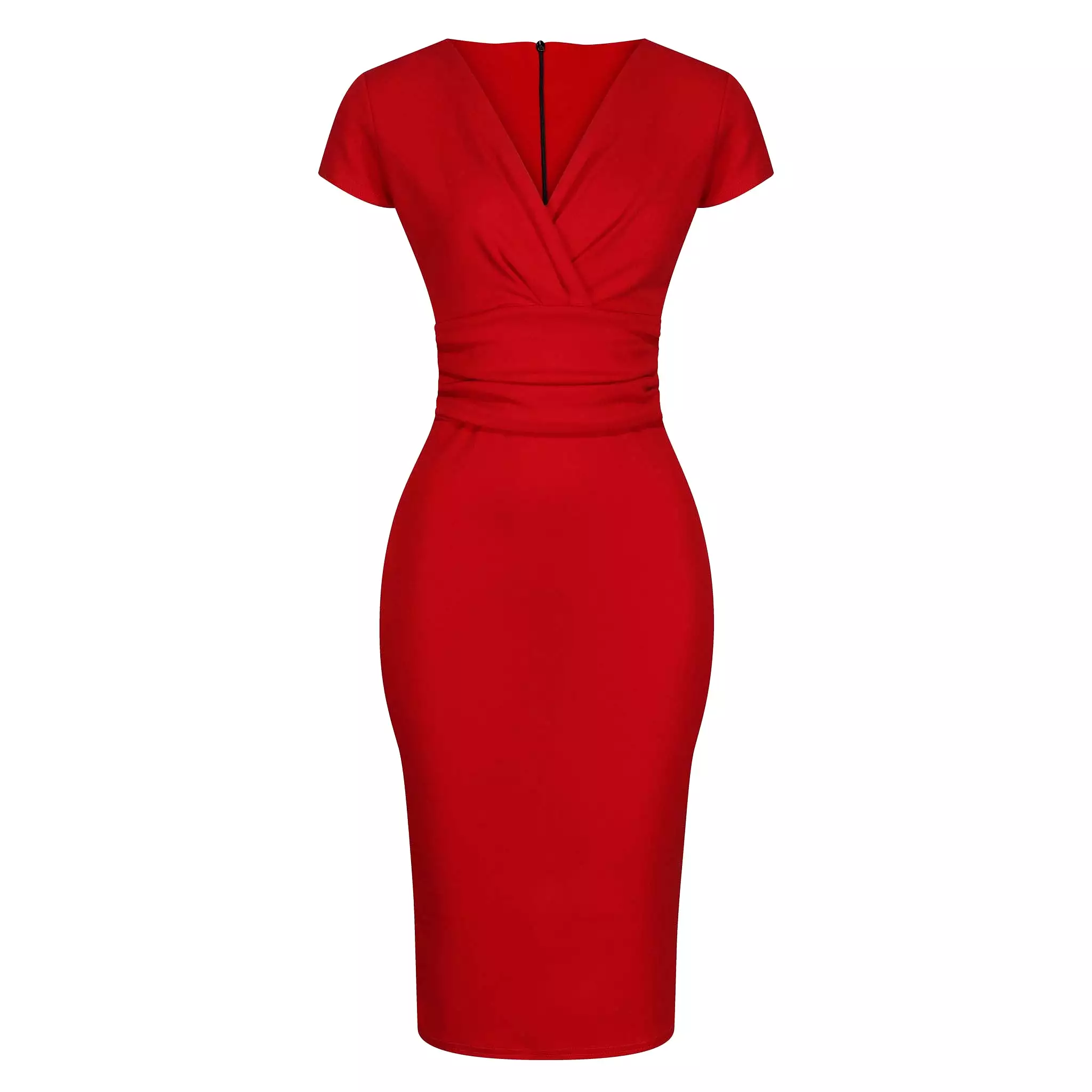 Red Deep V Cap Sleeve Bodycon Ruched Waist Wiggle Dress